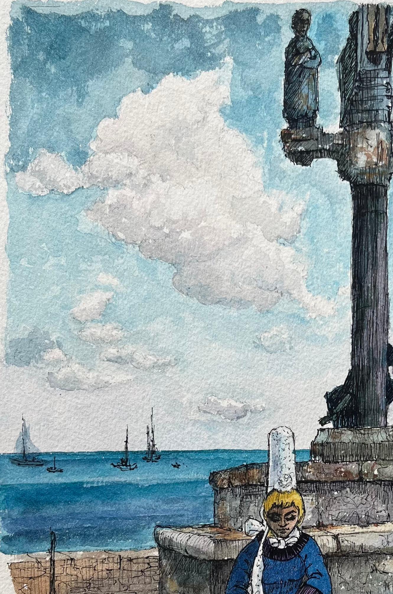 Brittany Watercolor of Notre-Dame de la Joie in Saint-Guénolé in Penmarch For Sale 1
