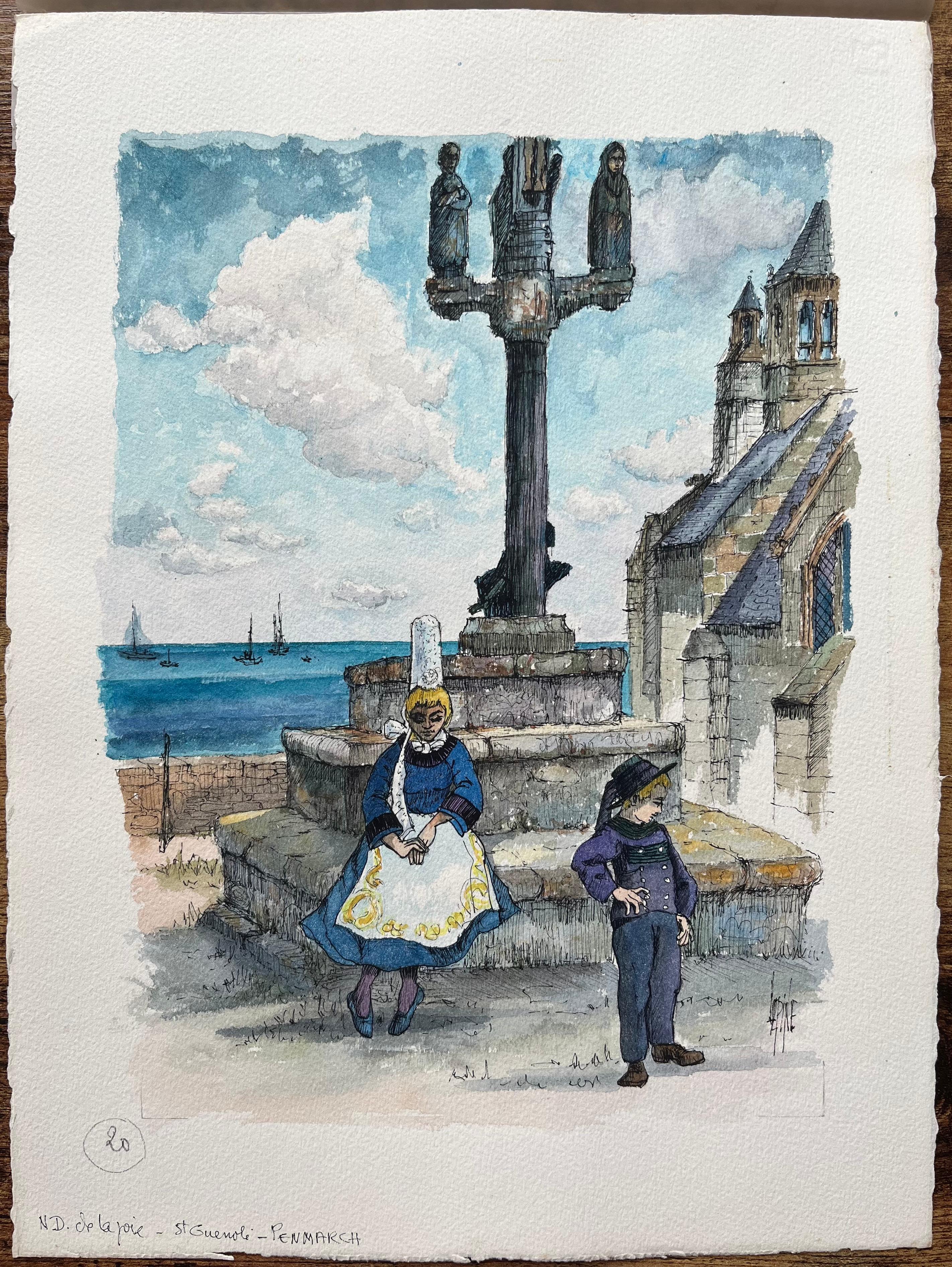Brittany Watercolor of Notre-Dame de la Joie in Saint-Guénolé in Penmarch - Painting by Robert Lepine (1929 - 2017)