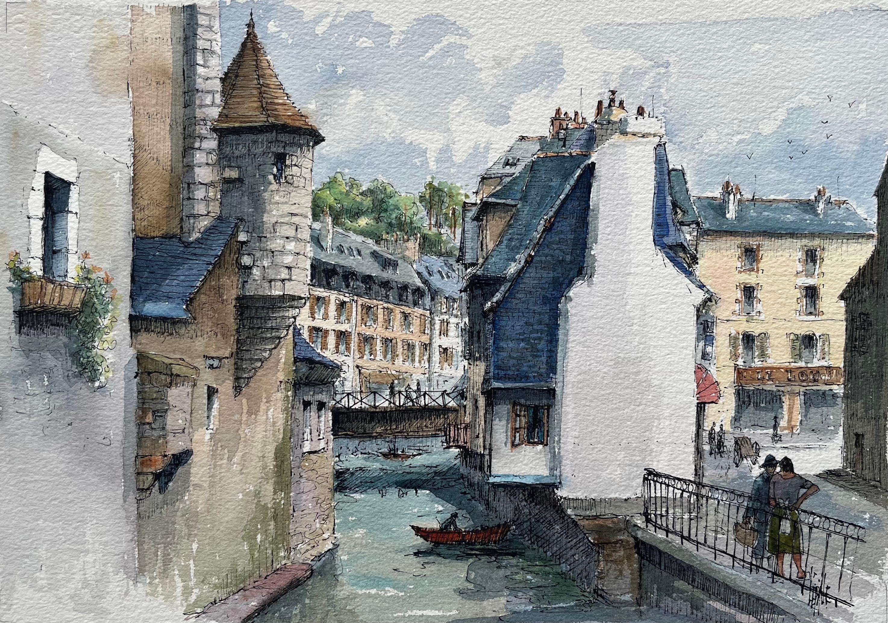 Robert Lepine (1929 - 2017) Landscape Painting – Quimper-Aquarell von historischen Häusern entlang des Steir- Flusses