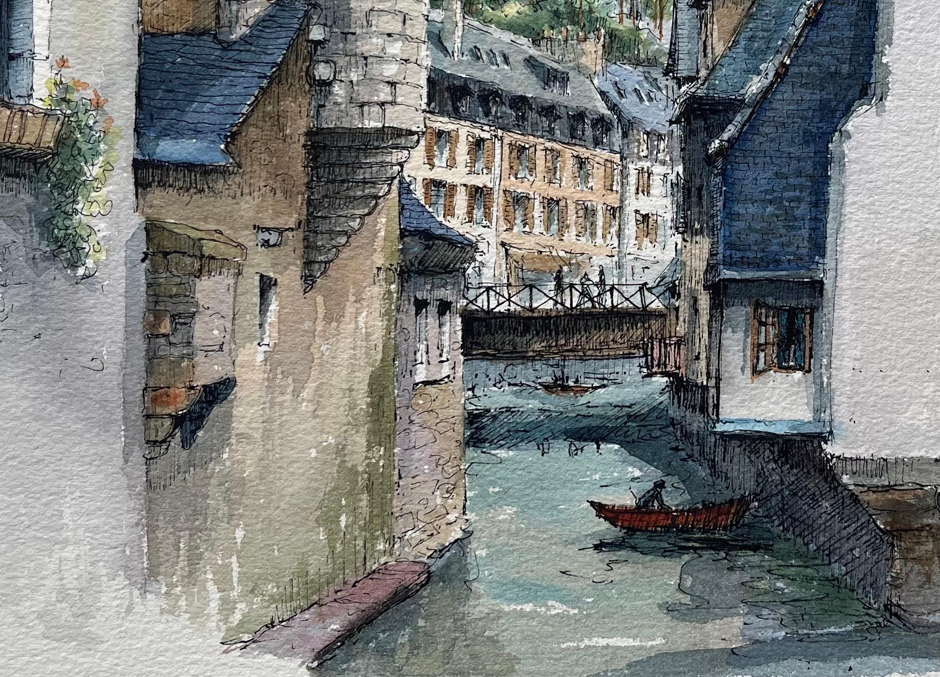 Quimper-Aquarell von historischen Häusern entlang des Steir- Flusses (Grau), Landscape Painting, von Robert Lepine (1929 - 2017)