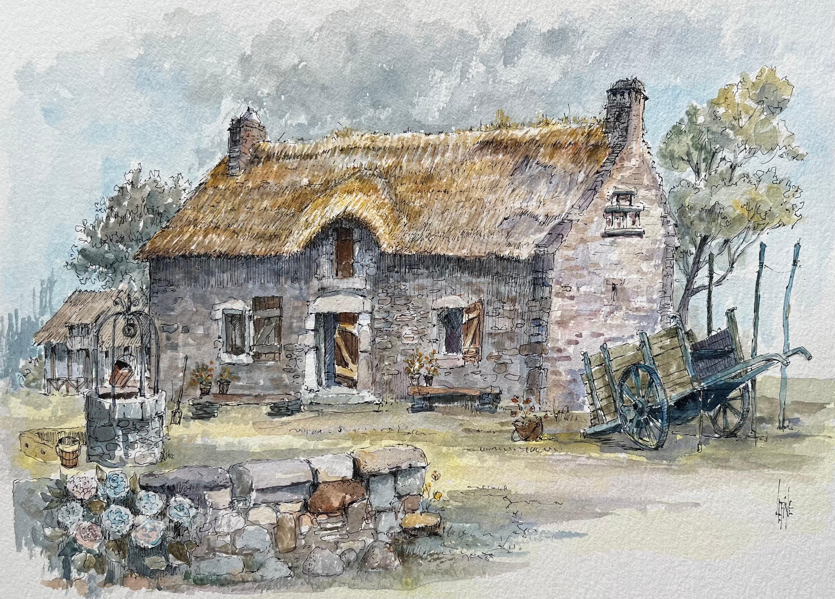 Robert Lepine (1929 - 2017) Landscape Art - Brittany Watercolor of Thatched Cottage and a Well in the Countryside