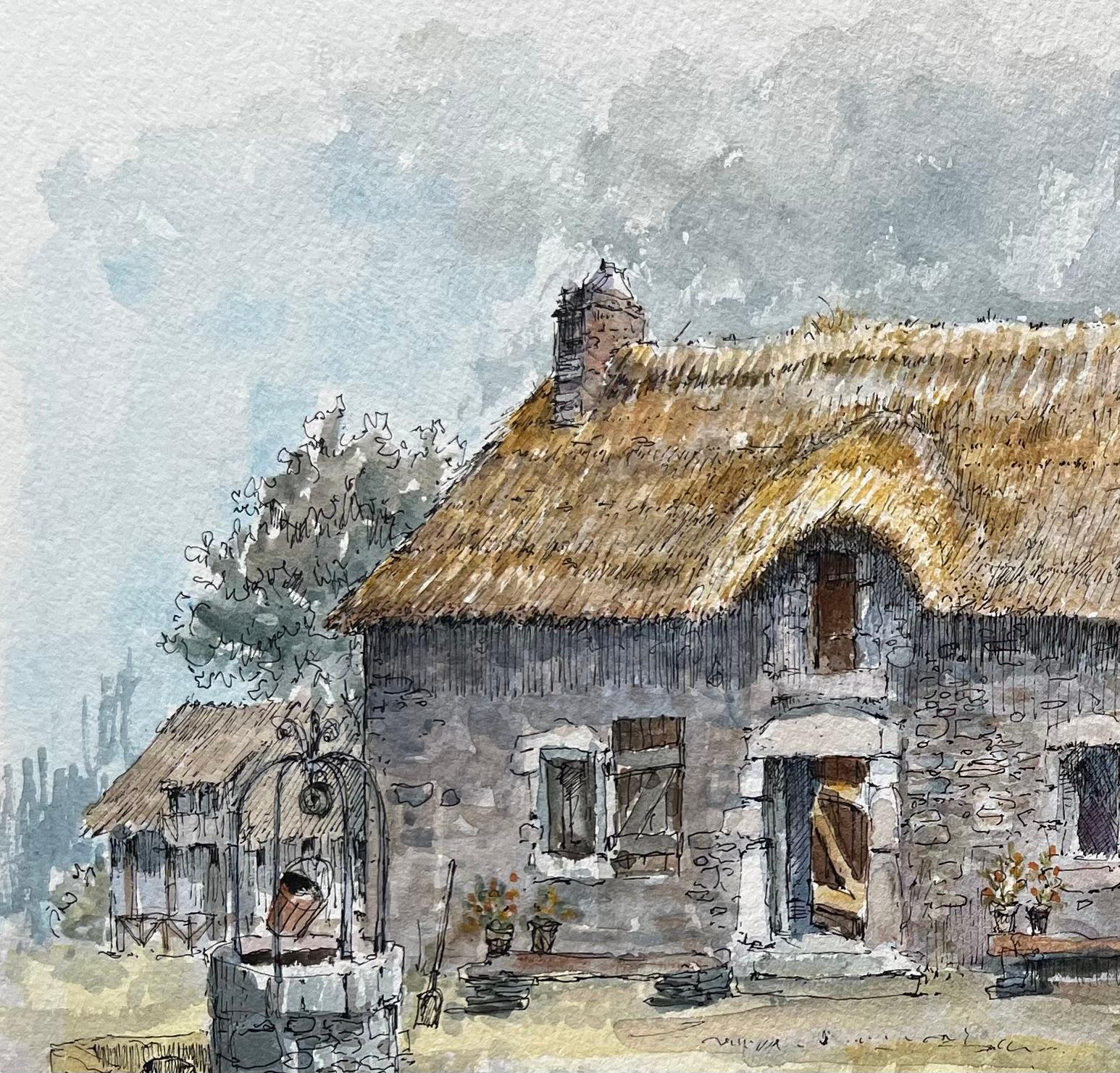 Brittany Watercolor of Thatched Cottage and a Well in the Countryside - French School Art by Robert Lepine (1929 - 2017)