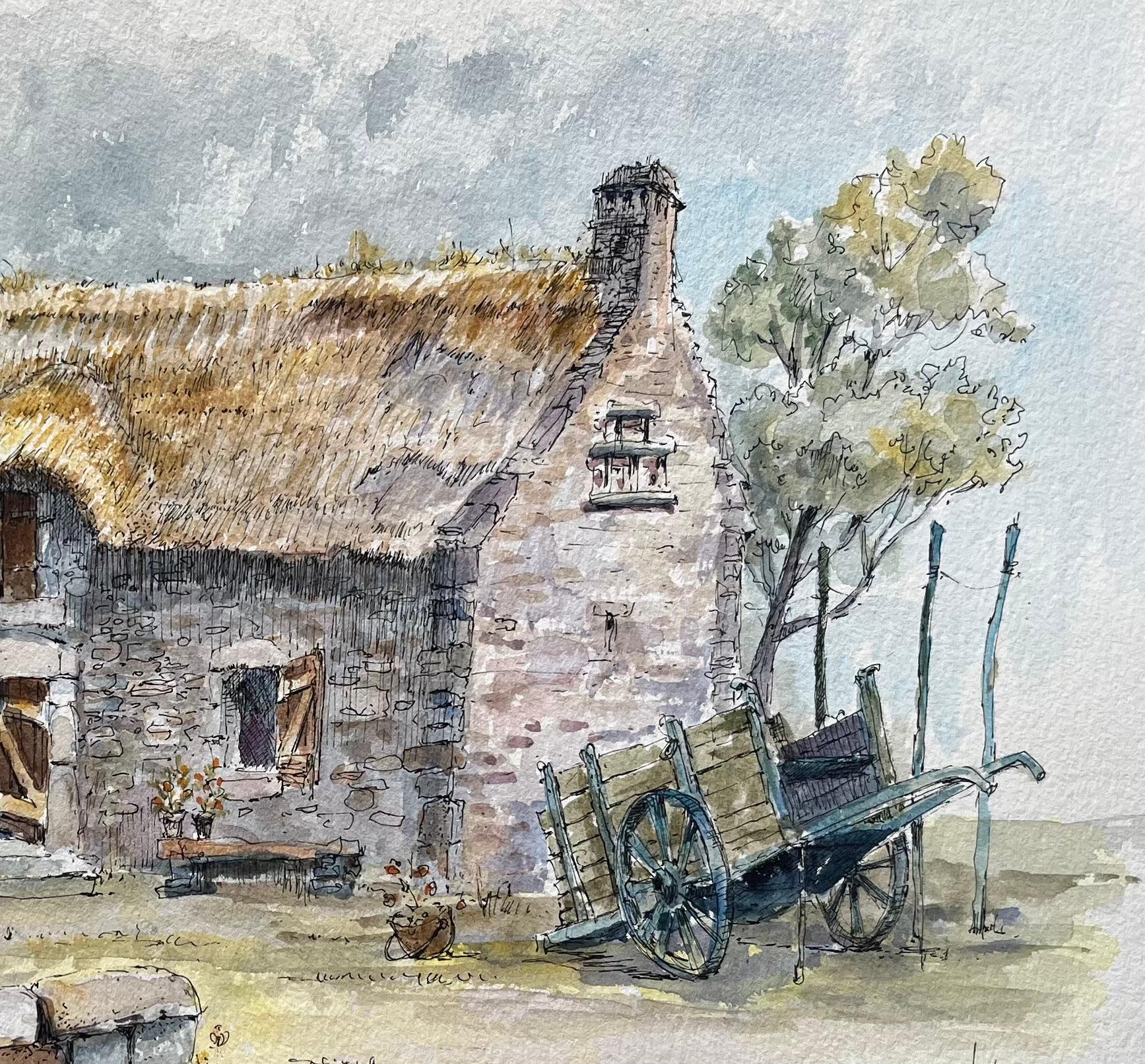 Brittany Watercolor of Thatched Cottage and a Well in the Countryside - Gray Landscape Art by Robert Lepine (1929 - 2017)