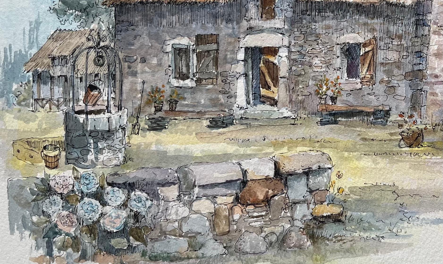 Title: Brittany Watercolor of Thatched Cottage and a Well in the Countryside
by Robert Lepine (French, 1929 - 2017)
Signed: Yes
Medium: Watercolor painting on artists paper
Size: 11.75 x 16.5 (height x width)
Provenance: From the artists atelier