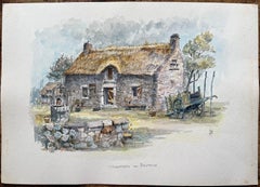 Acquerello della Bretagna raffigurante un cottage con tetto di paglia e un pozzo in campagna
