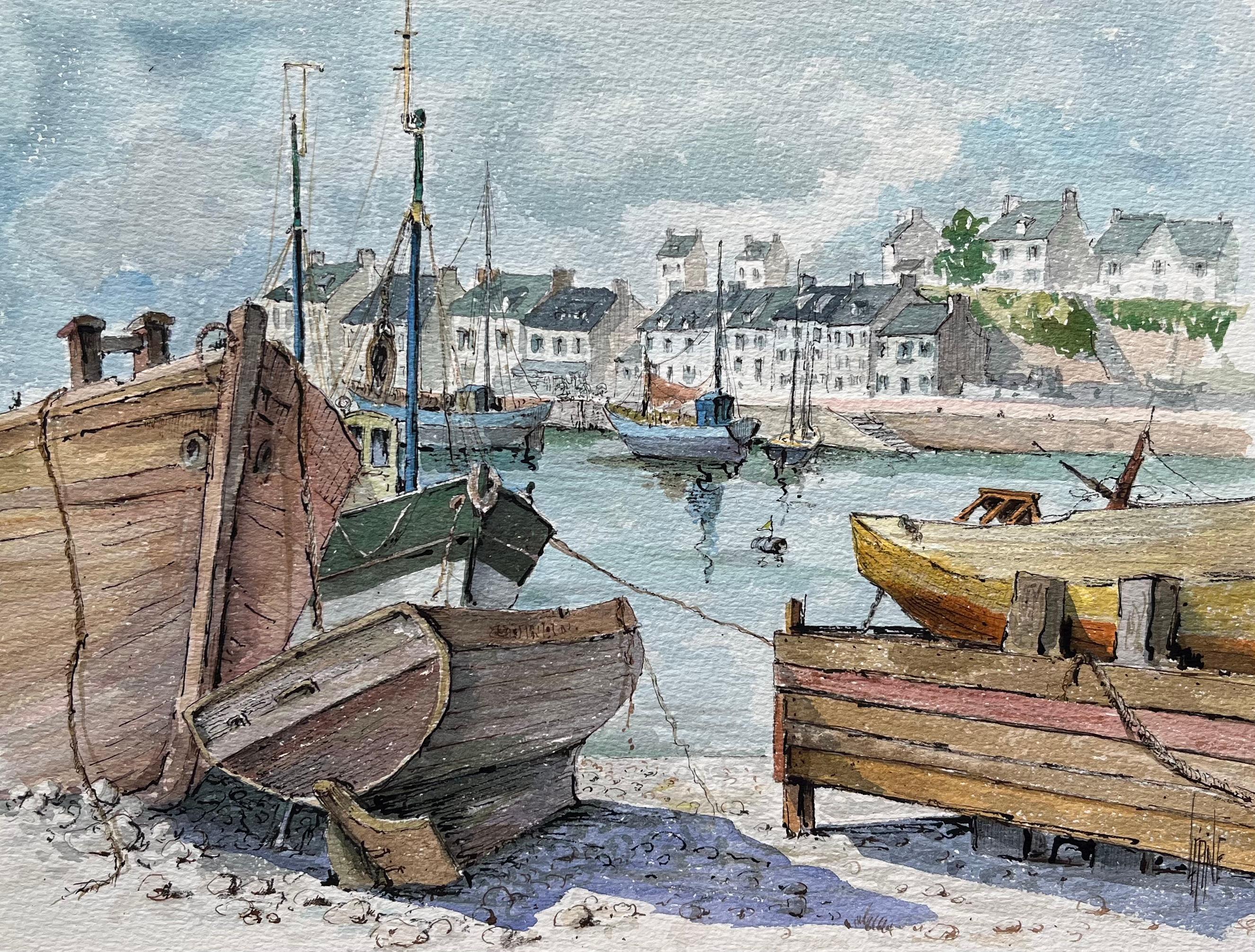 Landscape Art de Robert Lepine (1929 - 2017) - Acuarela bretona de barcos de pesca varados junto al puerto
