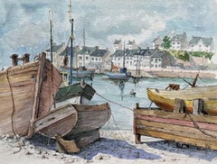 Brittany Watercolor of Beached Fishing Boats by the Harbour