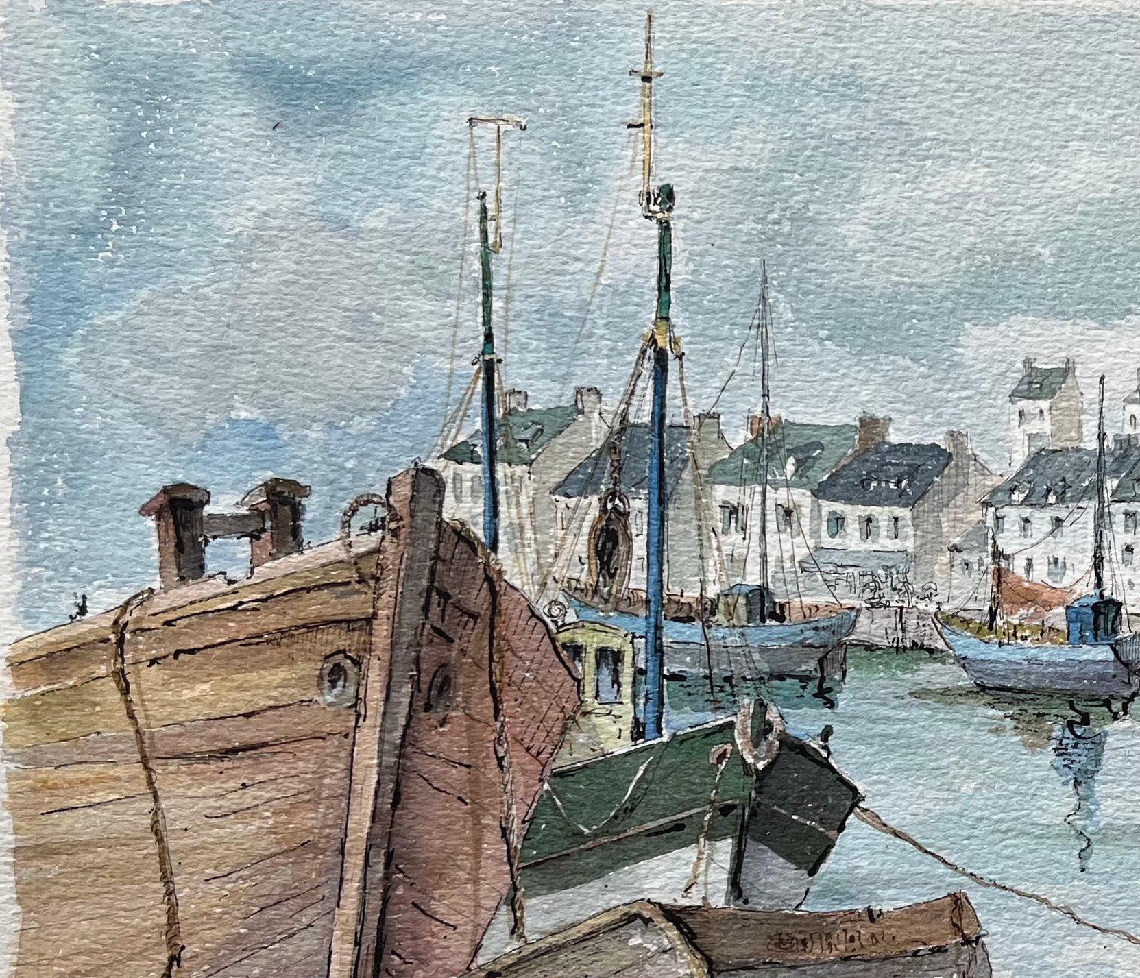 Acuarela bretona de barcos de pesca varados junto al puerto - Landscape Art Gris de Robert Lepine (1929 - 2017)