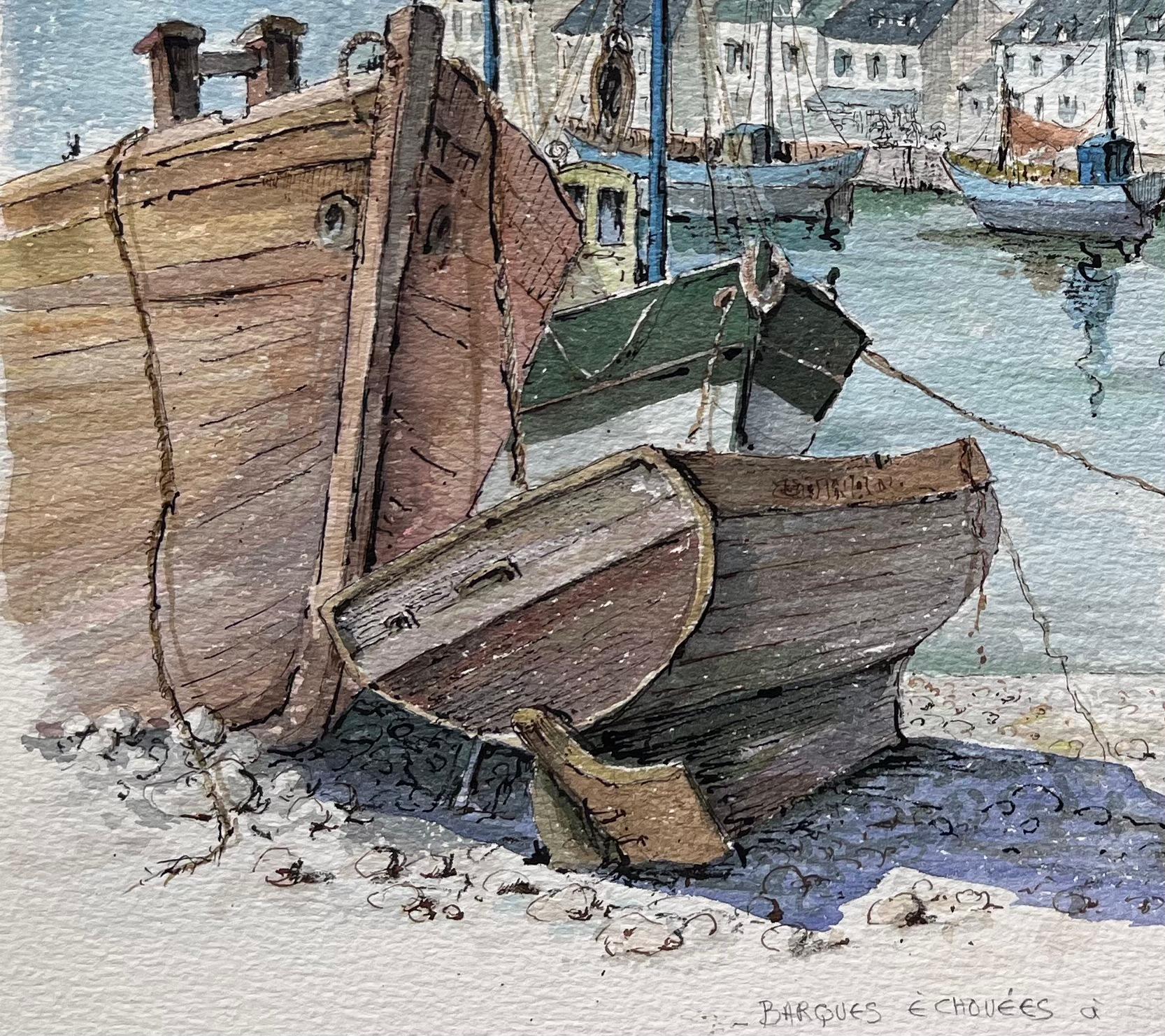 Acuarela bretona de barcos de pesca varados junto al puerto - Art Escuela francesa de Robert Lepine (1929 - 2017)
