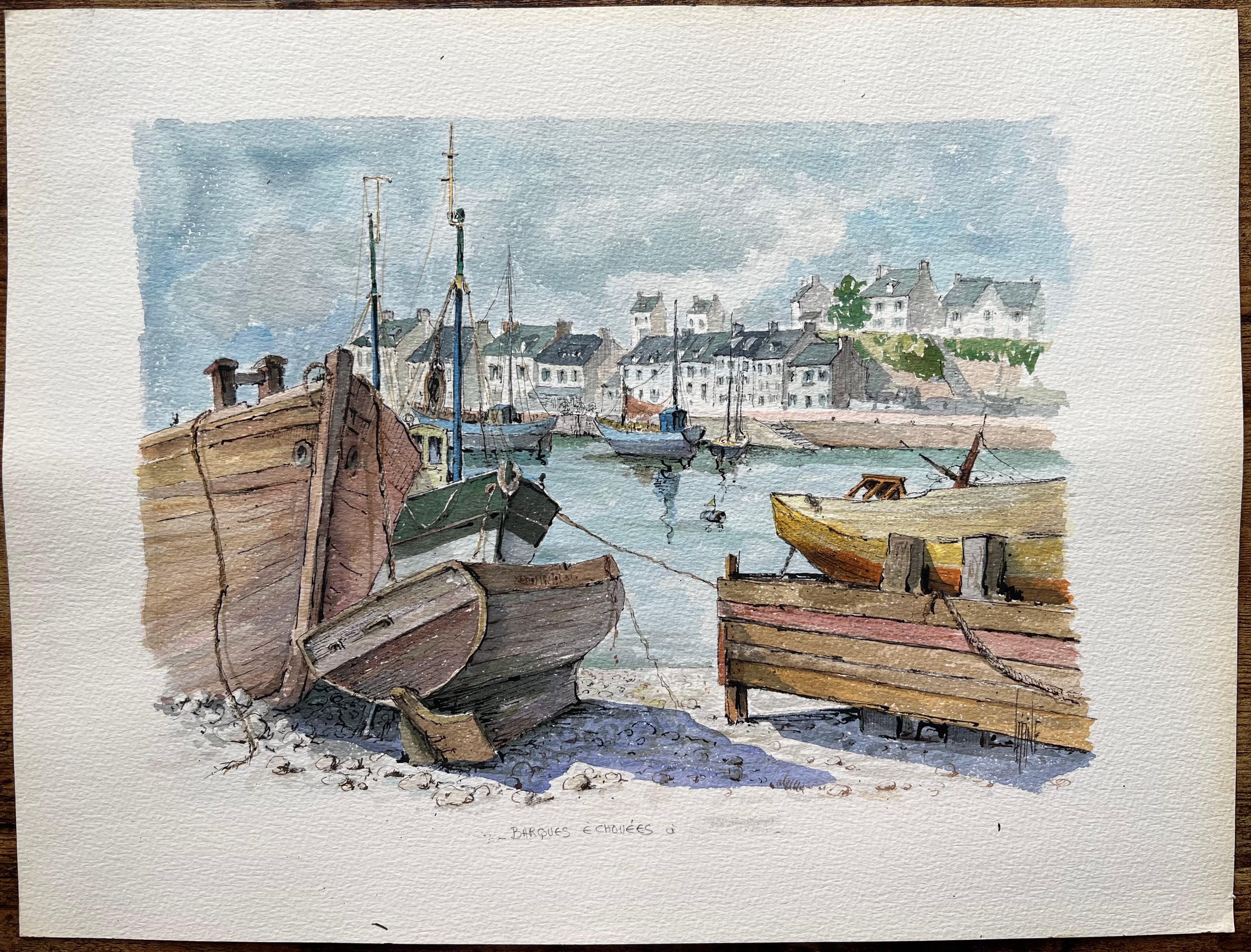 Acuarela bretona de barcos de pesca varados junto al puerto - Art de Robert Lepine (1929 - 2017)
