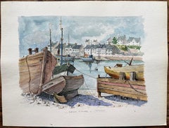 Acquerello della Bretagna con barche da pesca spiaggiate sul porto