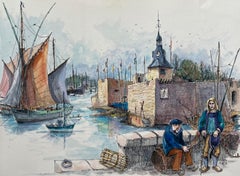 French Watercolor of Concarneau Port & Ville Close with Fishermen