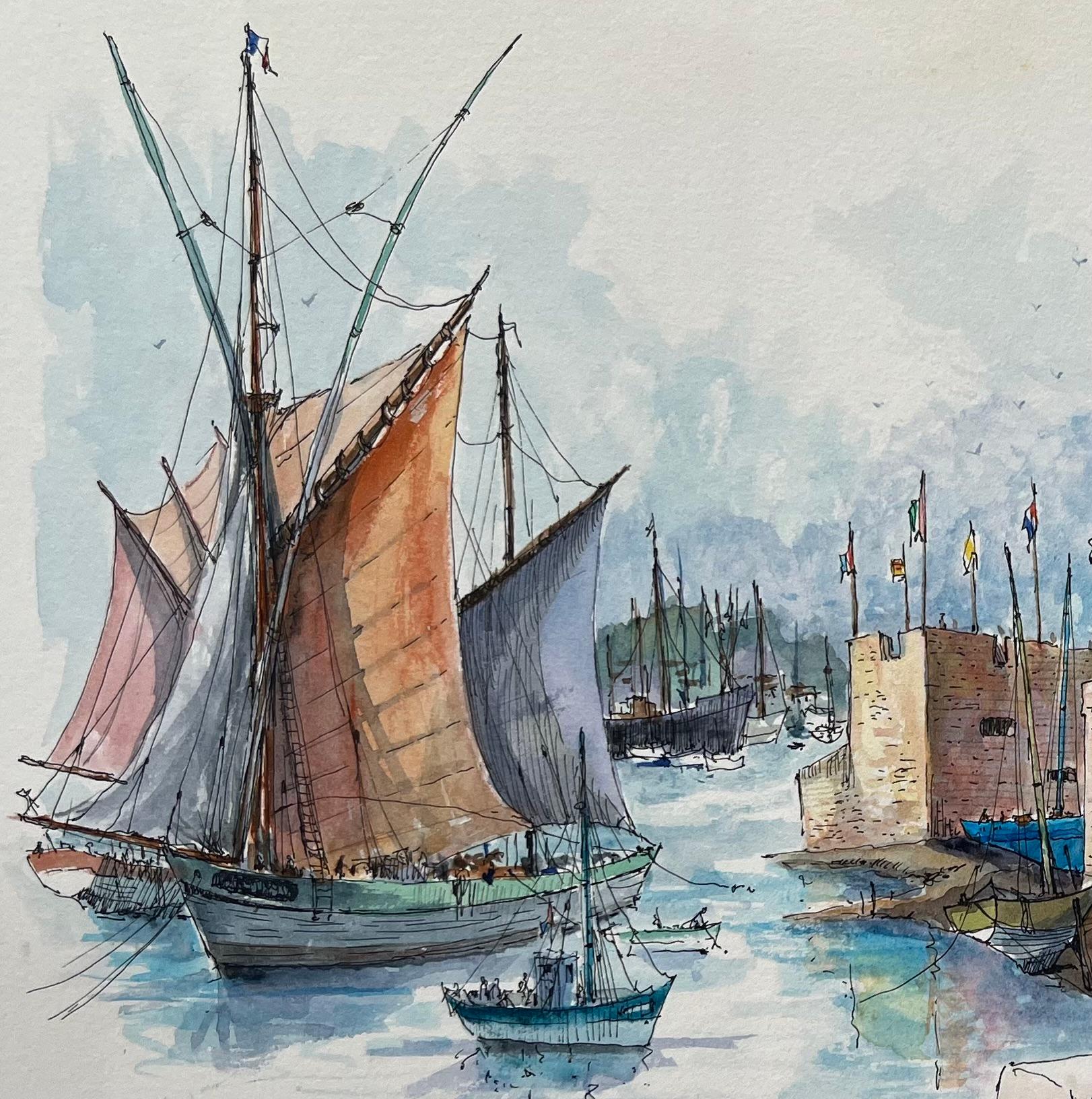 French Watercolor of Concarneau Port & Ville Close with Fishermen - French School Painting by Robert Lepine (1929 - 2017)