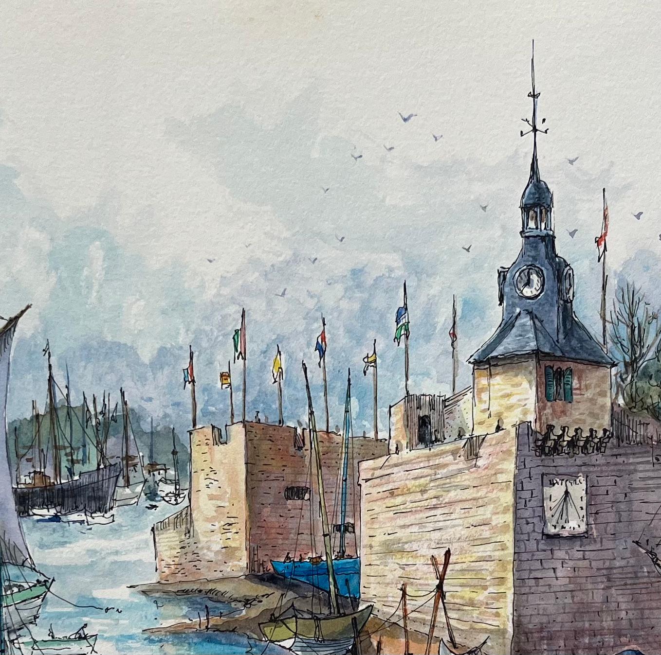French Watercolor of Concarneau Port & Ville Close with Fishermen - Gray Landscape Painting by Robert Lepine (1929 - 2017)
