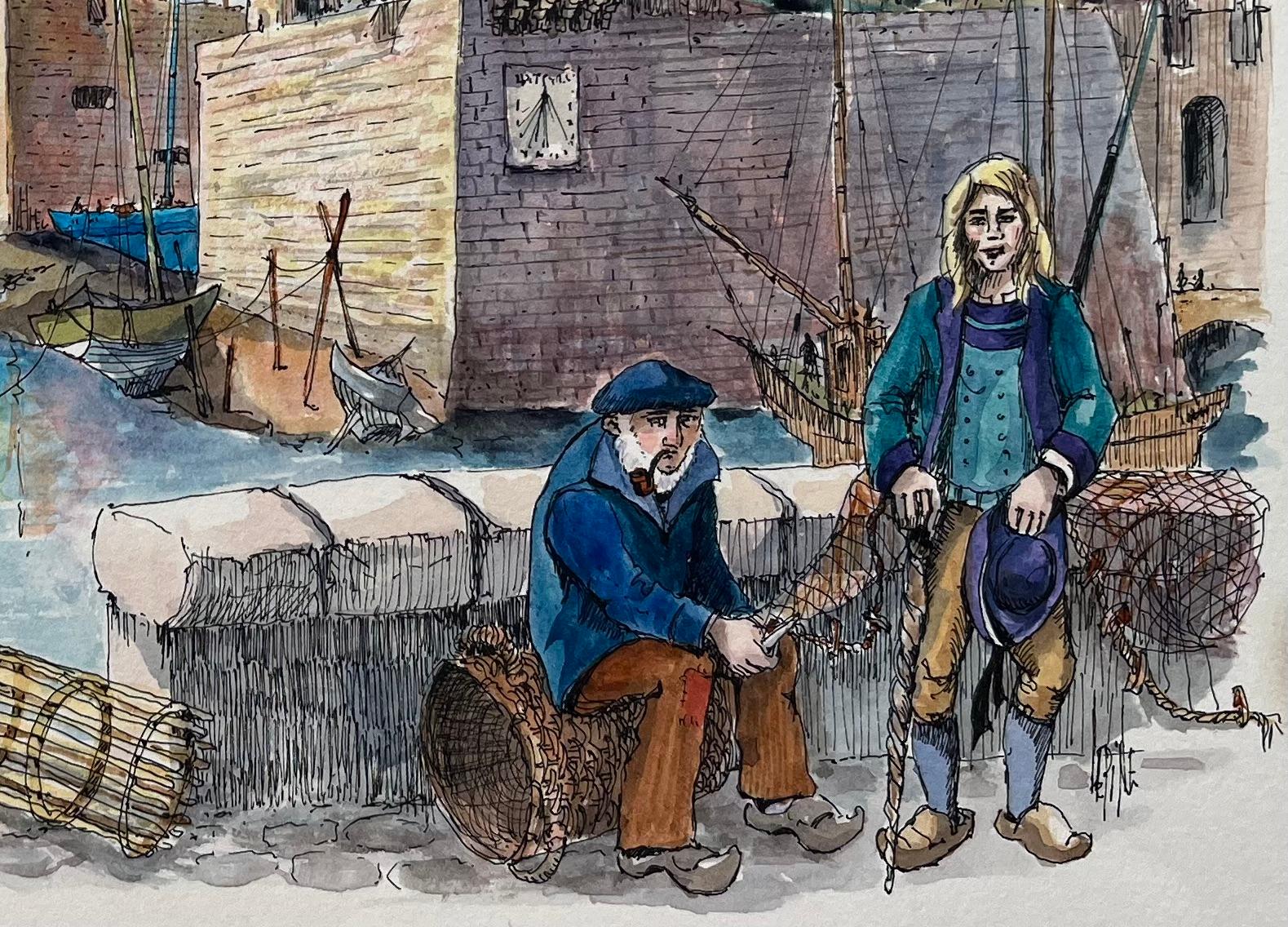 Title: French Watercolor of Concarneau Port & Ville Close with Fishermen
by Robert Lepine (French, 1929 - 2017)
Signed: Yes
Medium: Watercolor painting on artists paper
Size: 11.25 x 15 (height x width)
Provenance: From the artists atelier