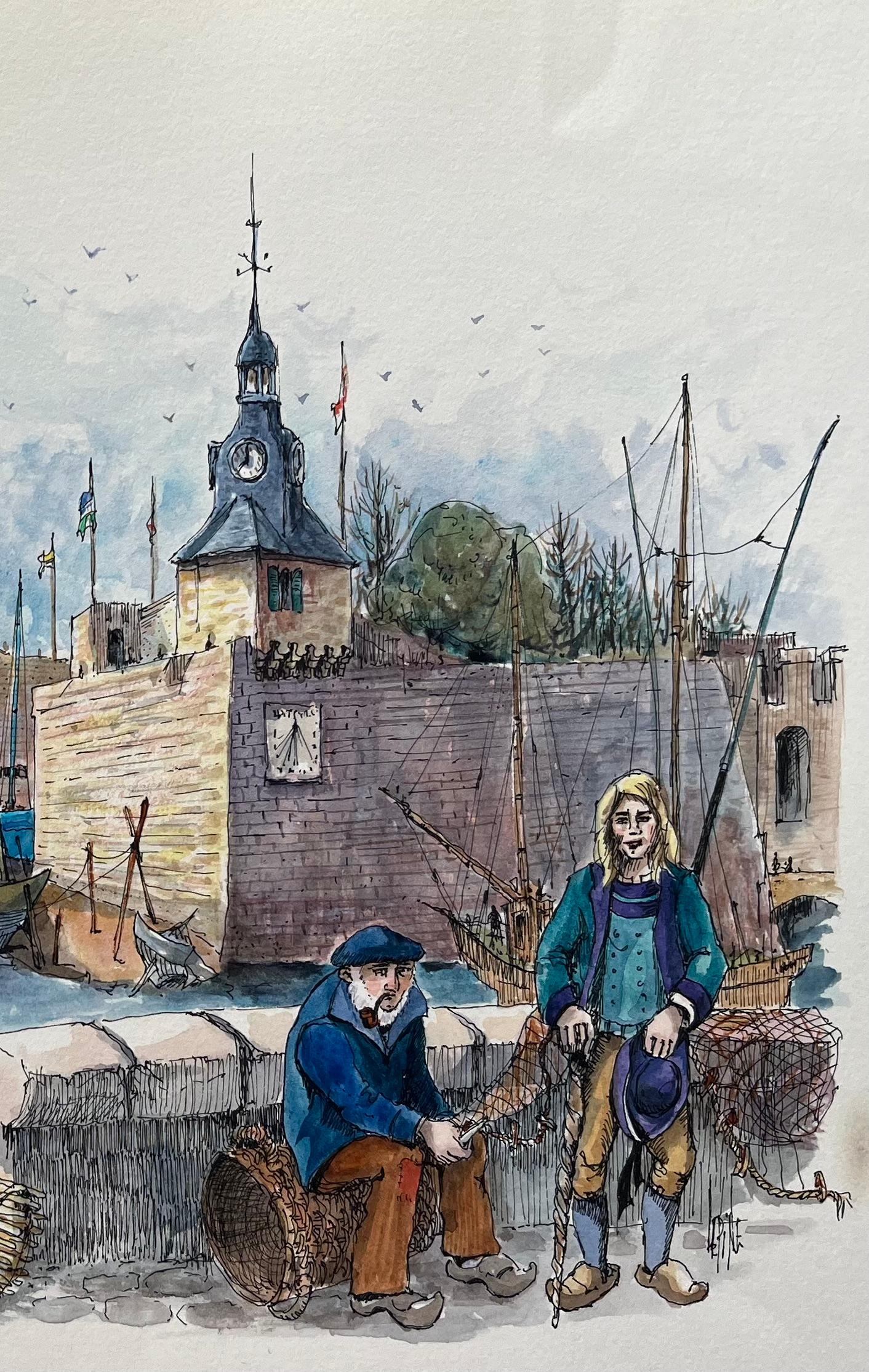 French Watercolor of Concarneau Port & Ville Close with Fishermen For Sale 1