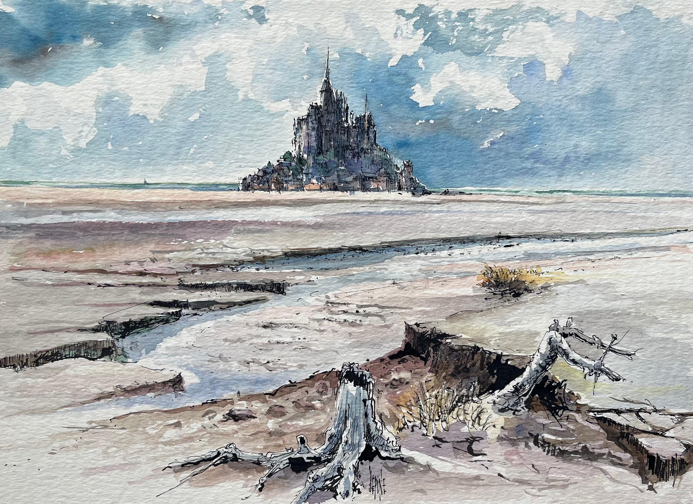 Landscape Painting de Robert Lepine (1929 - 2017) - Acuarela francesa de un Monte Saint-Michel iluminado por el sol en marea baja