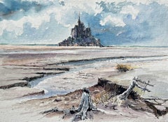 Französisches Aquarell eines sonnenbeschienenen Mont Saint-Michel in niedrigem Tide