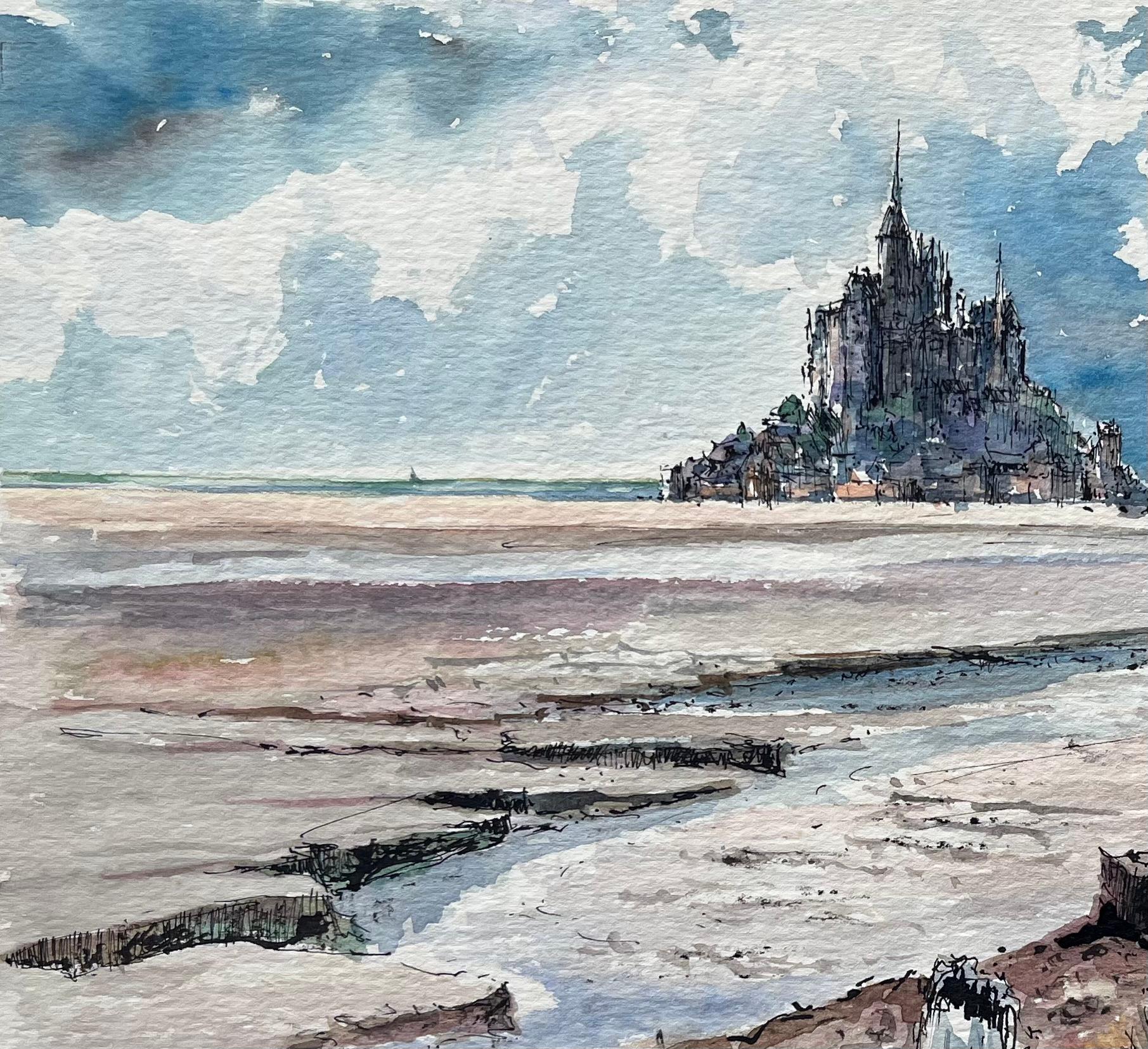 Acuarela francesa de un Monte Saint-Michel iluminado por el sol en marea baja - Painting Escuela francesa de Robert Lepine (1929 - 2017)