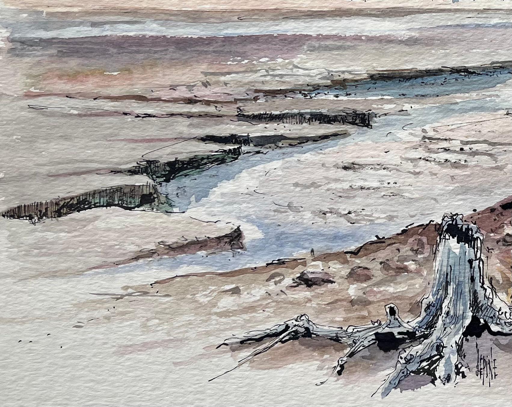 Acuarela francesa de un Monte Saint-Michel iluminado por el sol en marea baja - Landscape Painting Gris de Robert Lepine (1929 - 2017)