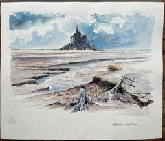 French Watercolor of a Sunlit Mont Saint-Michel at Low Tide