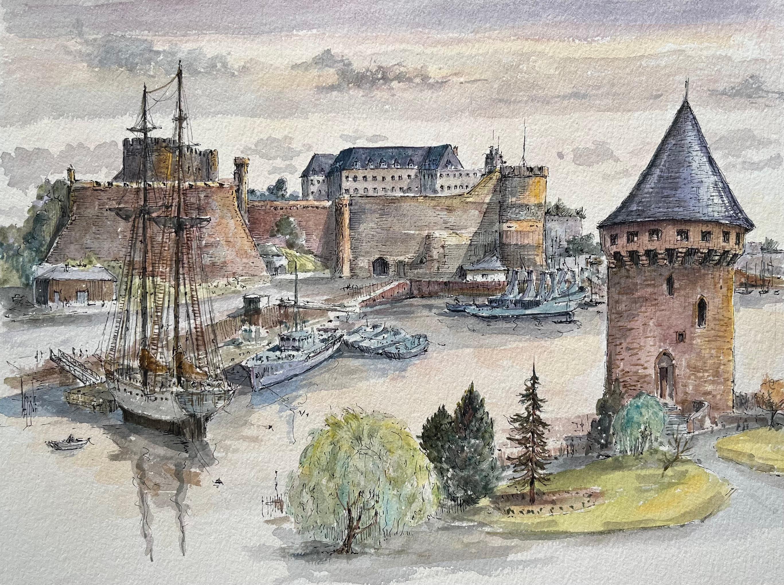 Robert Lepine (1929 - 2017) Landscape Painting - Brest Watercolor of Château and Tour Tanguy with Historic Ships