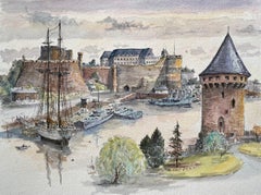 Aquarelle du château de Brest et Tour Tanguy avec les bateaux historiques