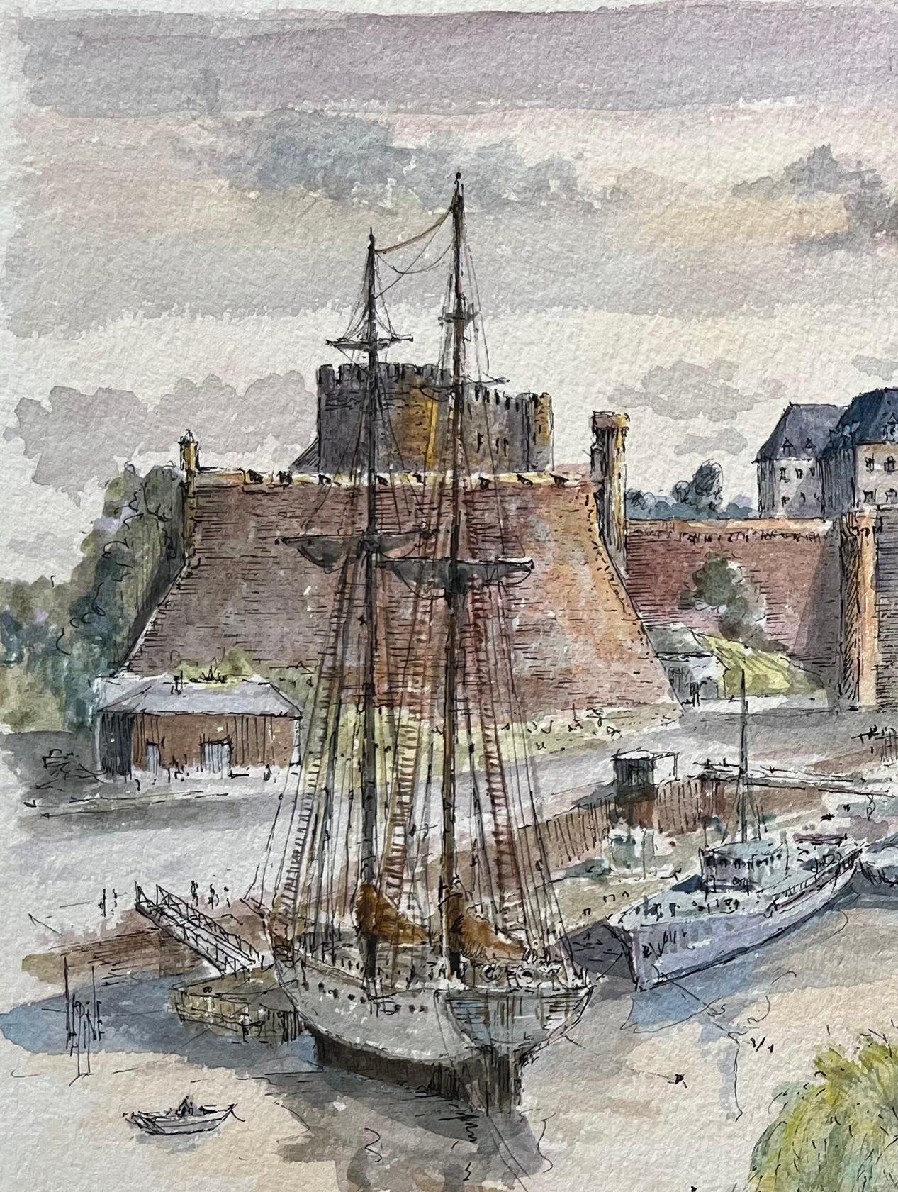 Brest Watercolor of Château and Tour Tanguy with Historic Ships - French School Painting by Robert Lepine (1929 - 2017)