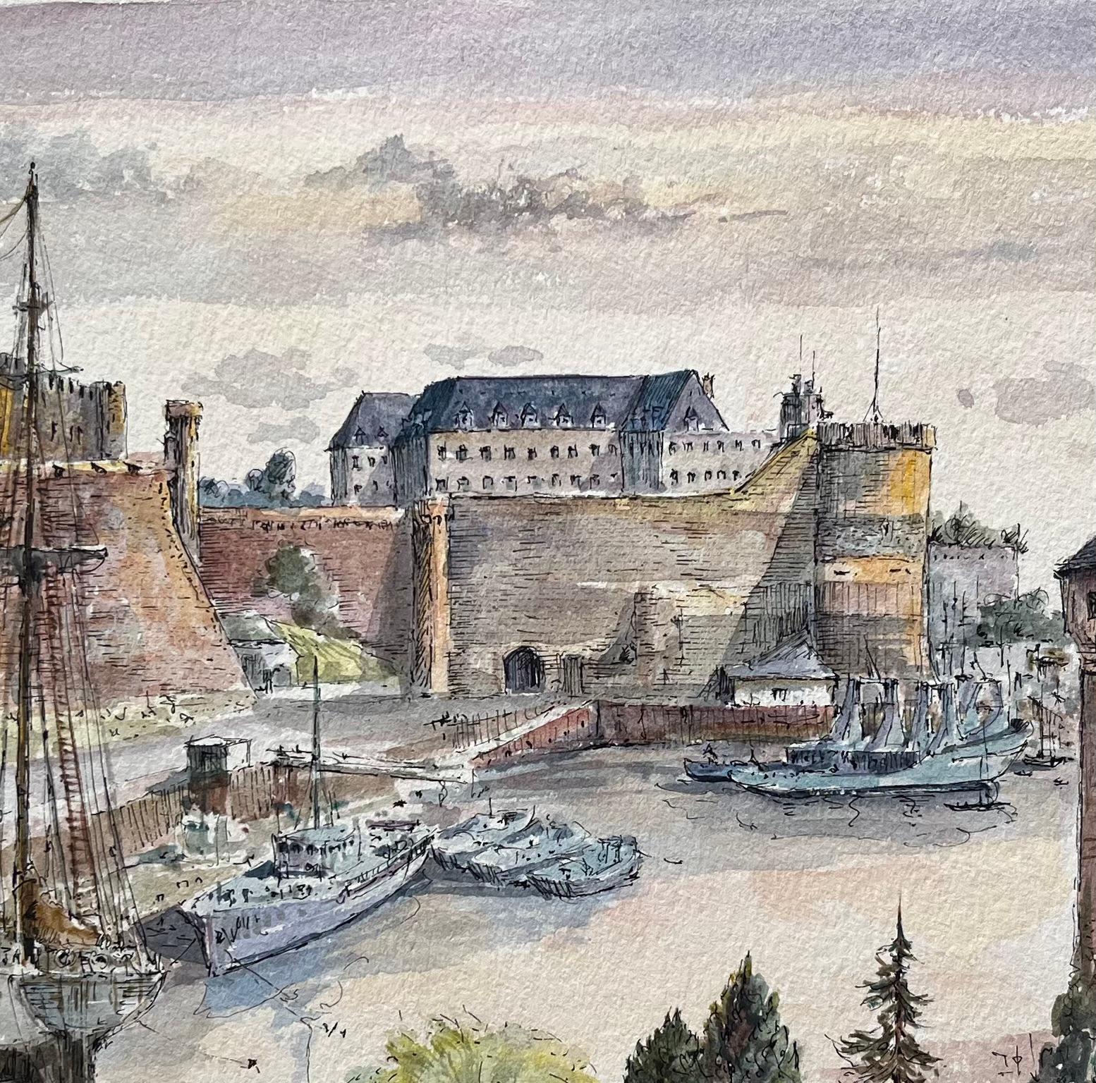 Brest Watercolor of Château and Tour Tanguy with Historic Ships - Gray Landscape Painting by Robert Lepine (1929 - 2017)