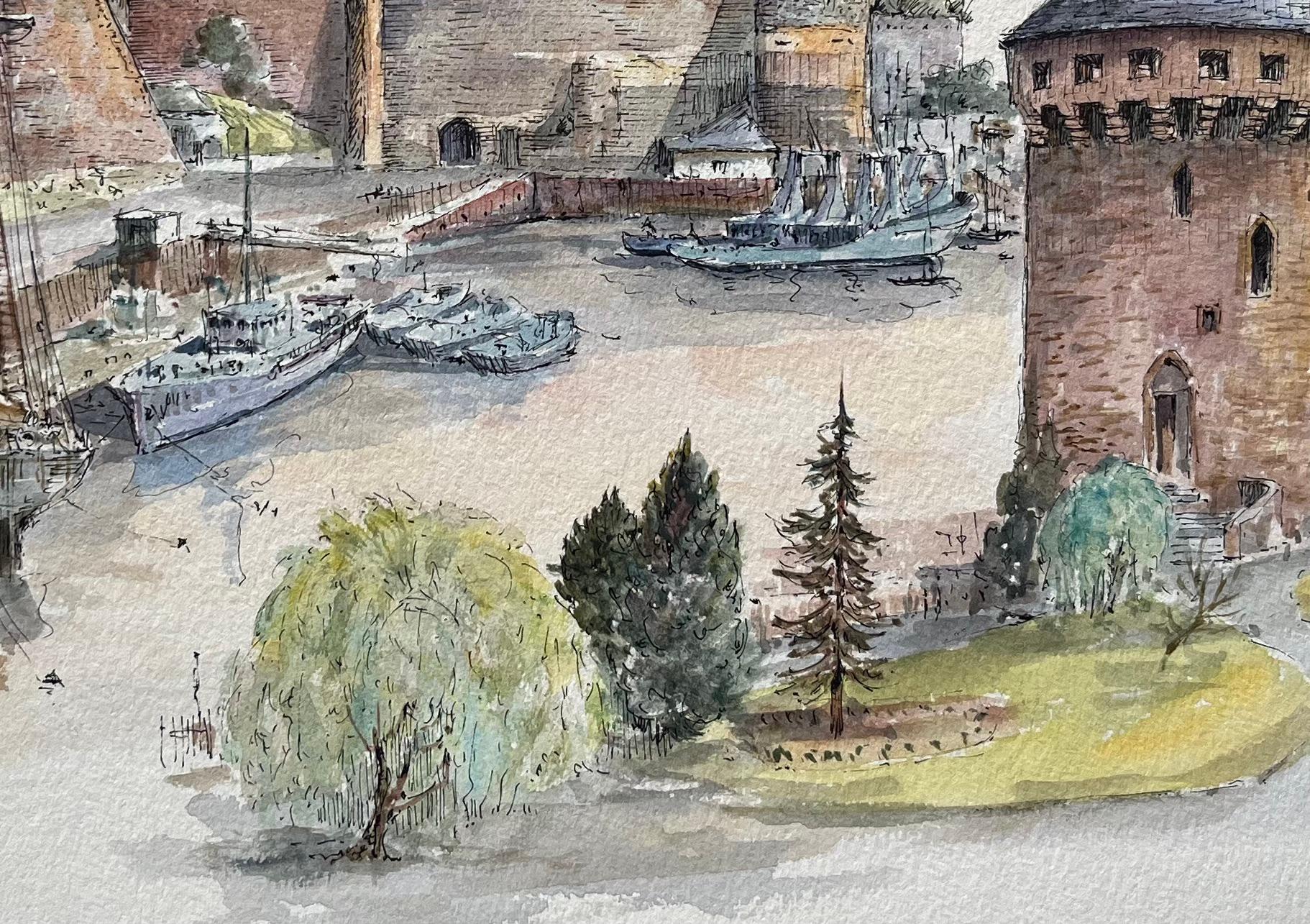 Brest Watercolor of Château and Tour Tanguy with Historic Ships For Sale 1