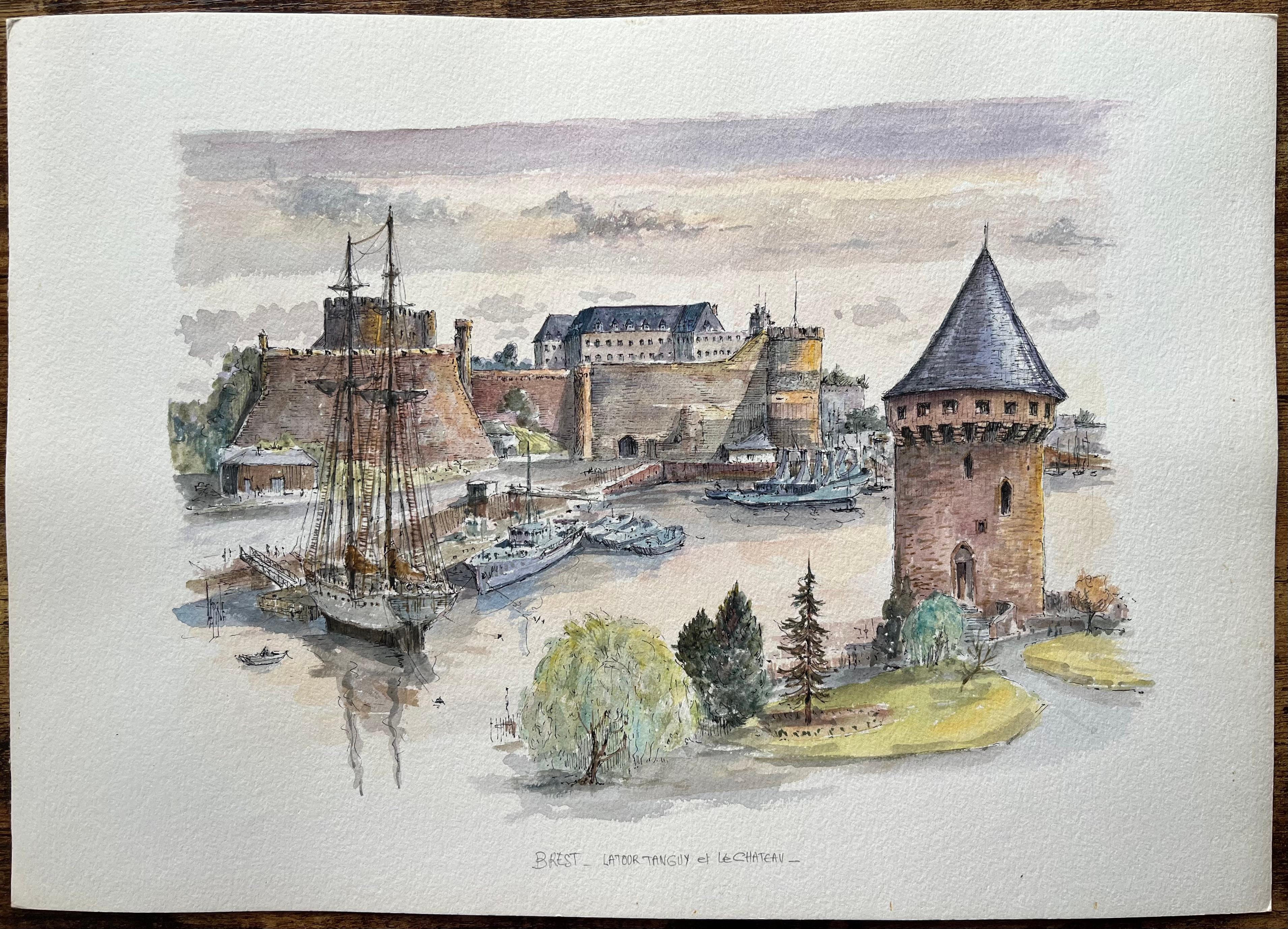 Brest Watercolor of Château and Tour Tanguy with Historic Ships - Painting by Robert Lepine (1929 - 2017)