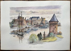 Brest Aquarell von Château und Tour Tanguy mit historischen Schiffen