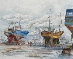 Acuarela de barcos pesqueros en dique seco; titulada Bateaux en Cale de Halage