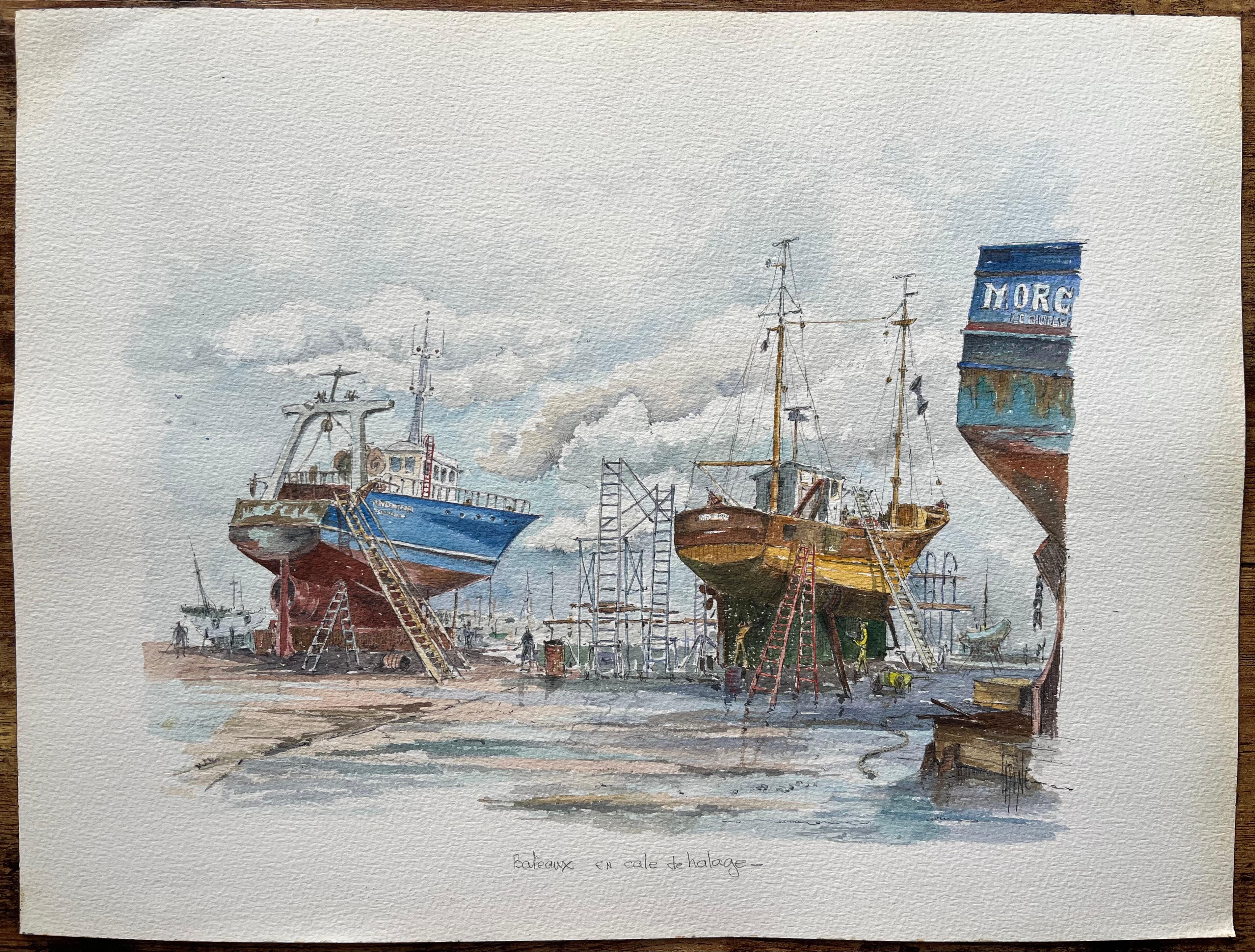 Watercolor of Fishing Boats in Dry Dock; Entitled Bateaux en Cale de Halage - Art by Robert Lepine (1929 - 2017)