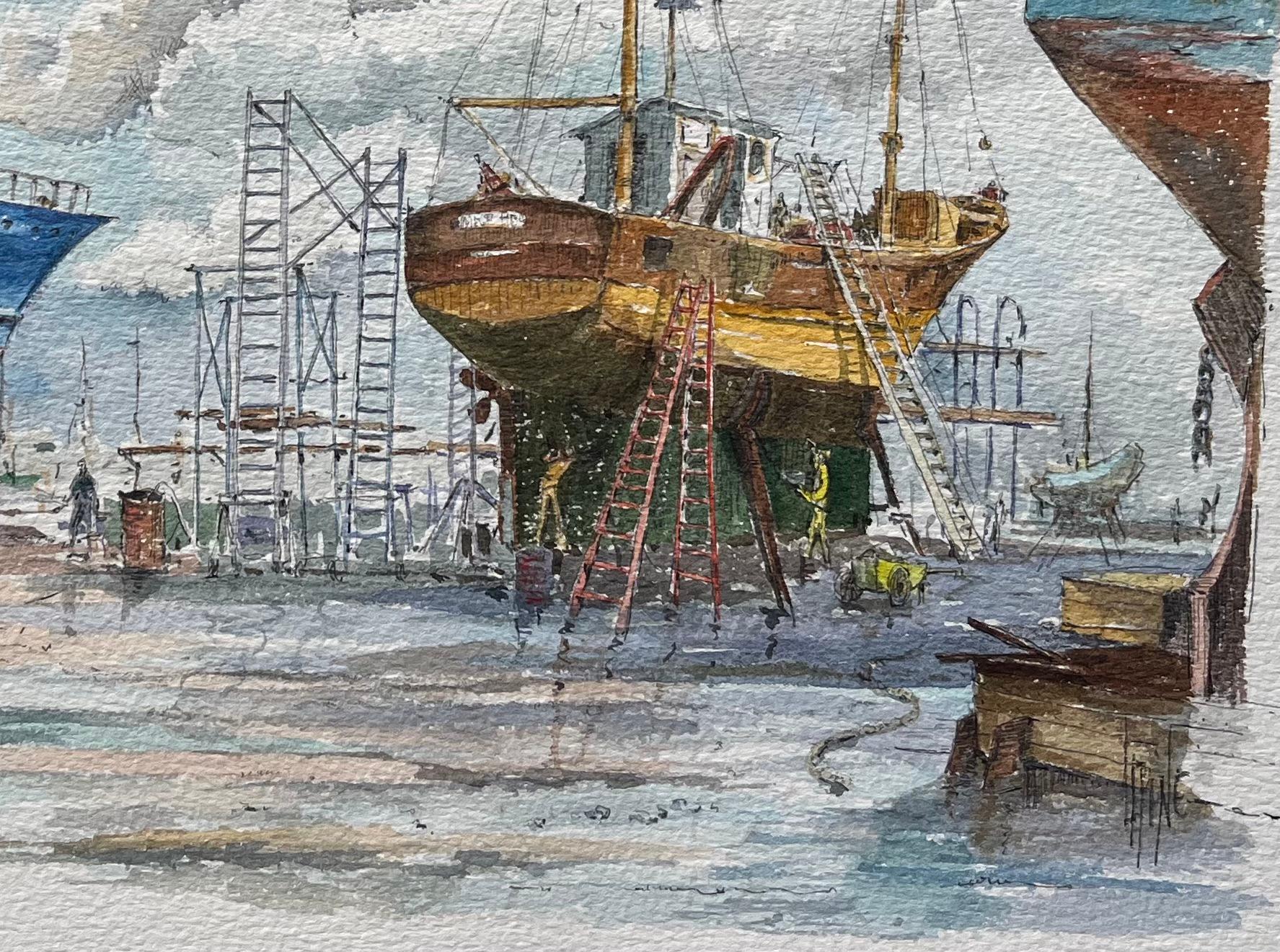 Watercolor of Fishing Boats in Dry Dock; Entitled Bateaux en Cale de Halage - Gray Landscape Art by Robert Lepine (1929 - 2017)