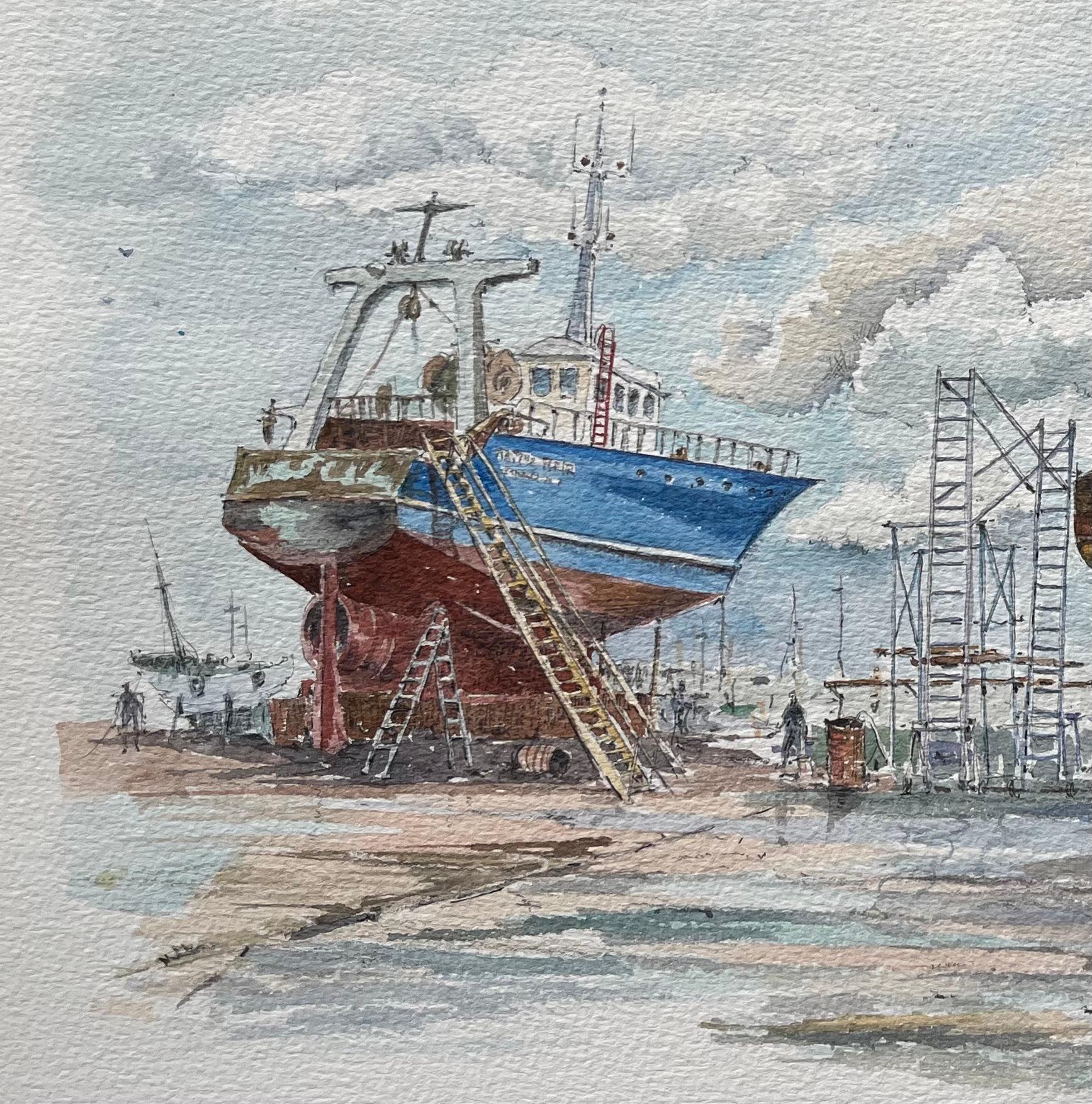 Watercolor of Fishing Boats in Dry Dock; Entitled Bateaux en Cale de Halage - French School Art by Robert Lepine (1929 - 2017)