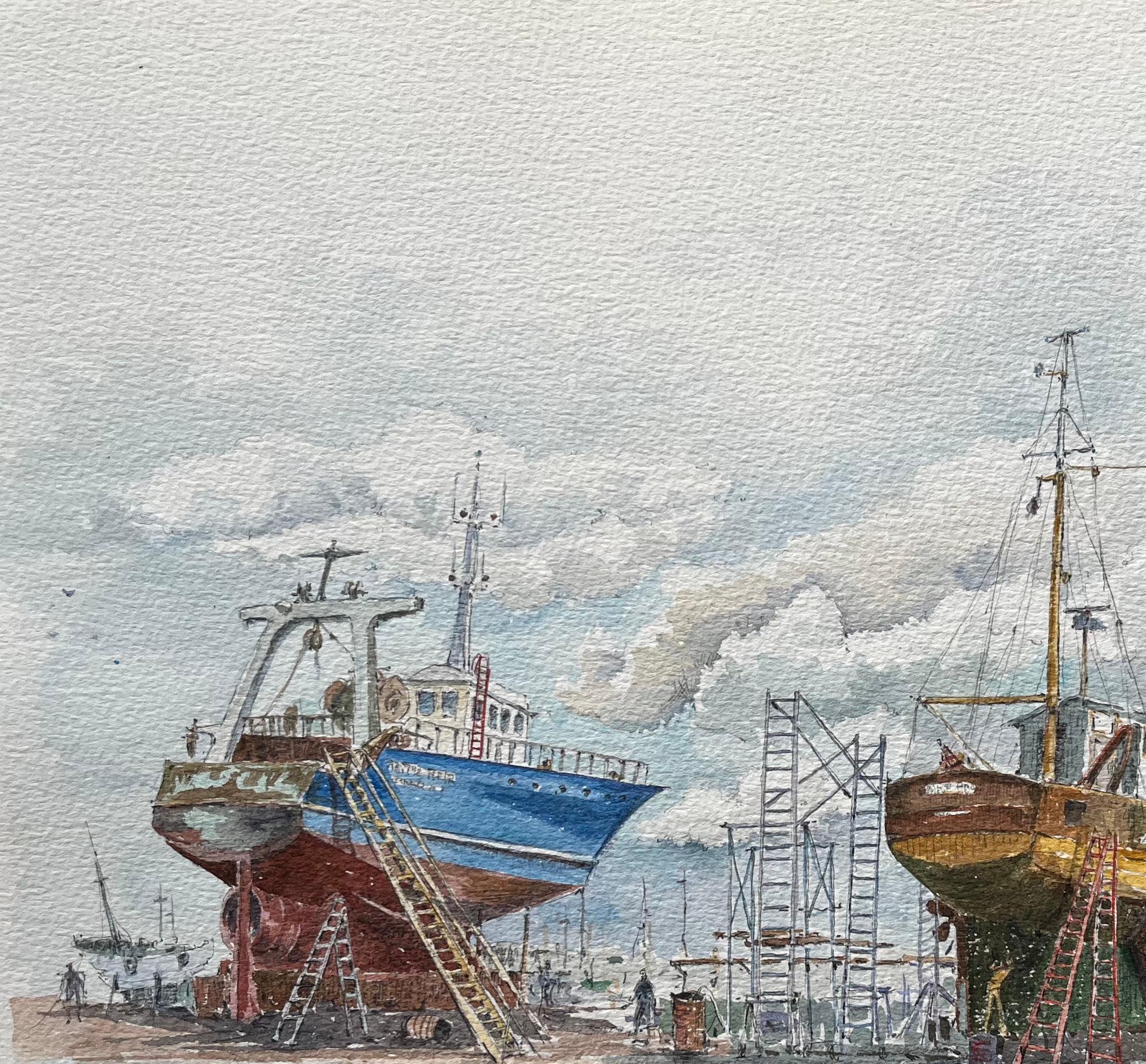 Title: Watercolor of Fishing Boats in Dry Dock; Entitled Bateaux en Cale de Halage
by Robert Lepine (French, 1929 - 2017)
Signed: Yes
Medium: Watercolor painting on artists paper
Size: 12.25 x 16.25 (height x width)
Provenance: From the artists