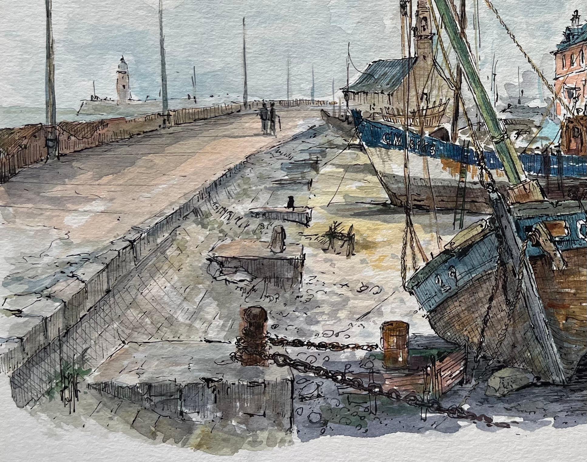 Acquerello di barche da pesca spiaggiate a Camaret Porto di Camaret-sur-Mer - Landscape Painting Grigio di Robert Lepine (1929 - 2017)