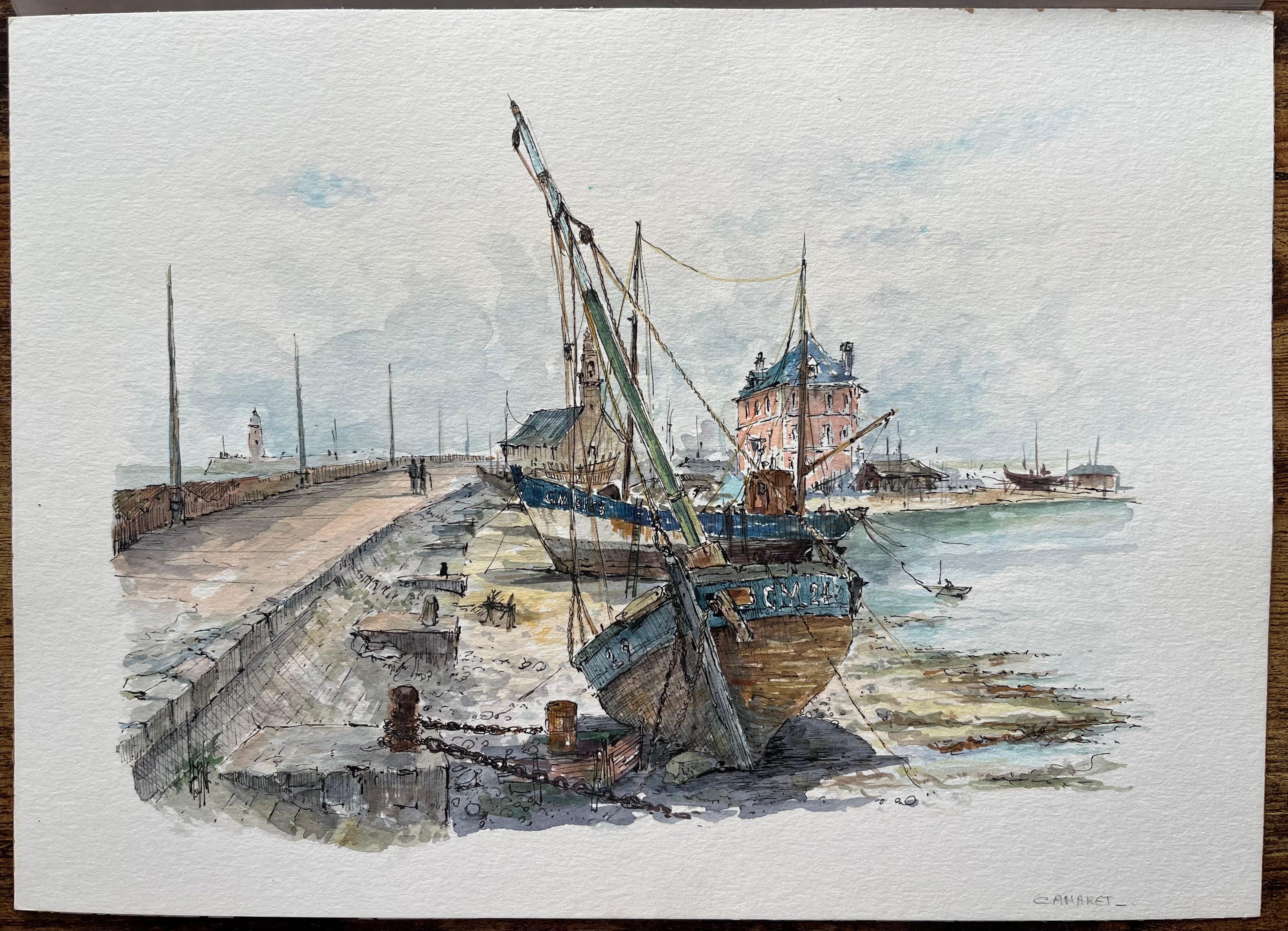 Acquerello di barche da pesca spiaggiate a Camaret Porto di Camaret-sur-Mer - Painting di Robert Lepine (1929 - 2017)