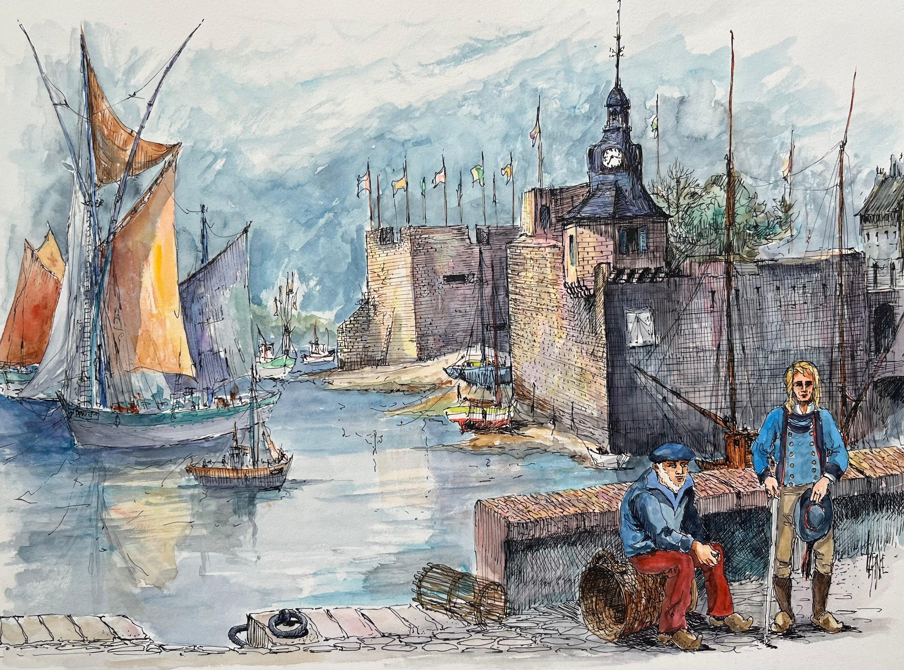 Robert Lepine (1929 - 2017) Landscape Art – Französisches Aquarell des traditionellen Fischerlebens im historischen Hafen von Concarneau
