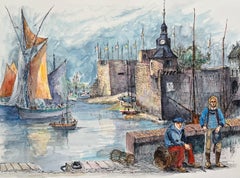 Acuarela francesa de la vida pesquera tradicional en el puerto histórico de Concarneau