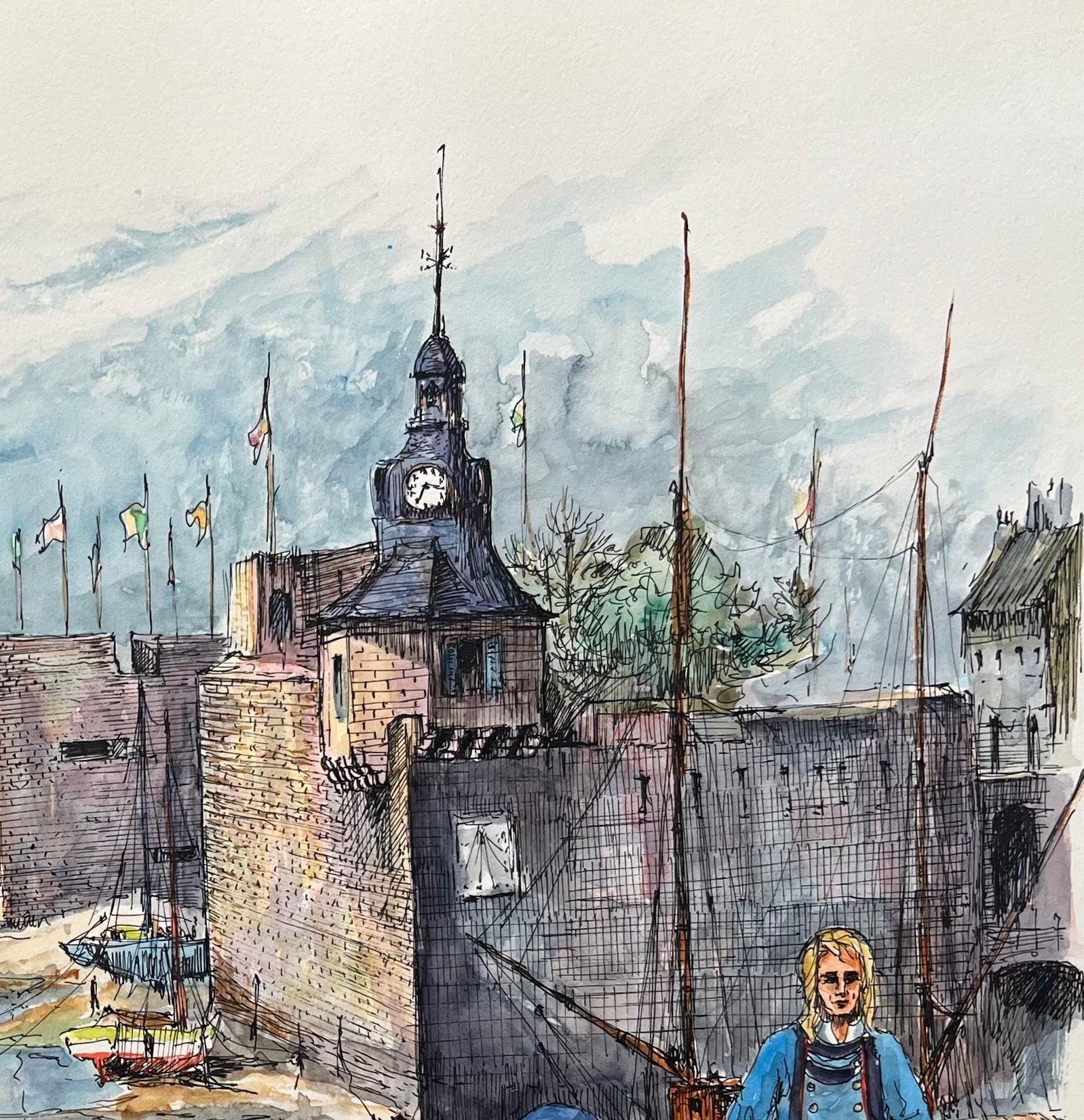 Französisches Aquarell des traditionellen Fischerlebens im historischen Hafen von Concarneau (Französische Schule), Art, von Robert Lepine (1929 - 2017)