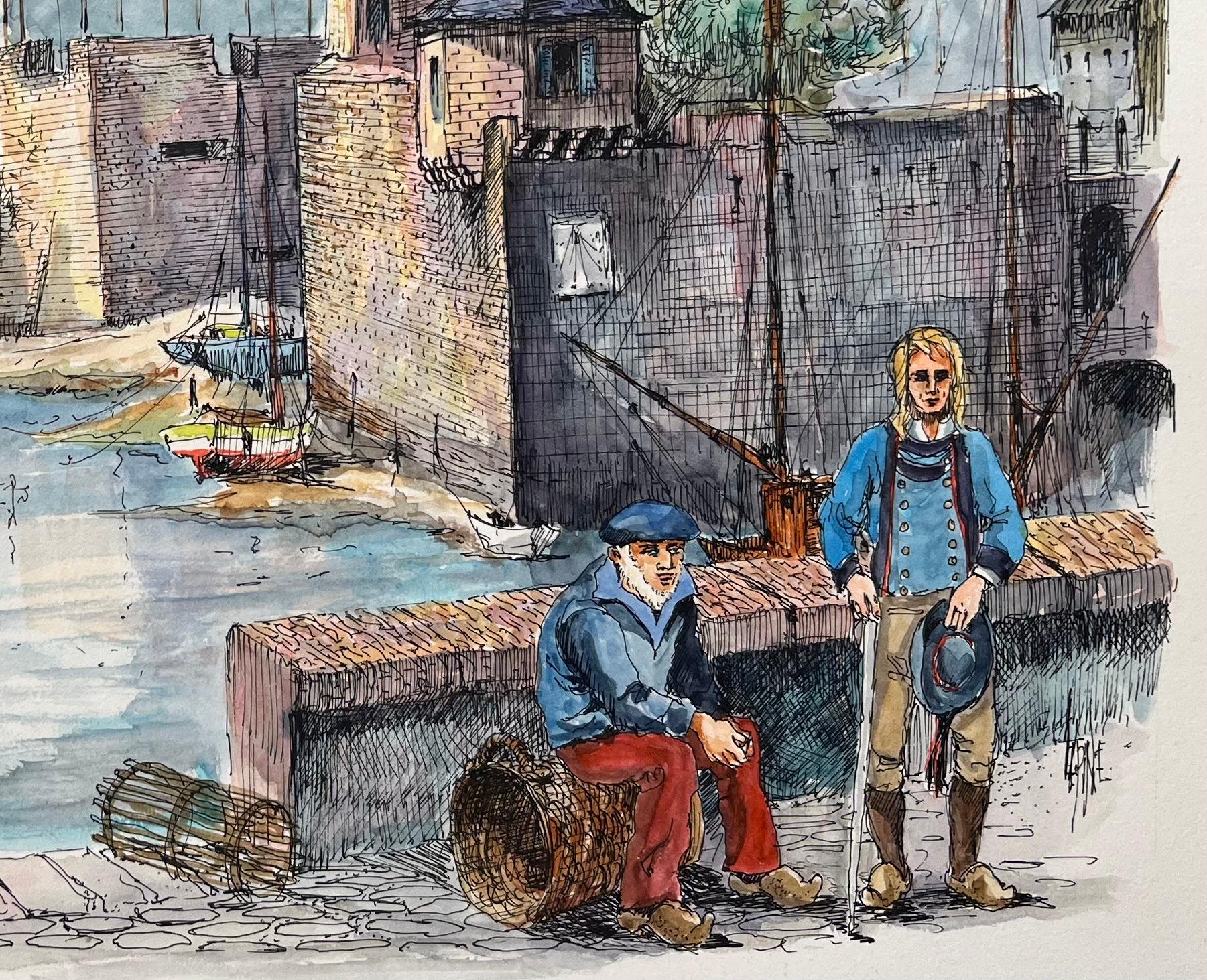 Französisches Aquarell des traditionellen Fischerlebens im historischen Hafen von Concarneau (Grau), Landscape Art, von Robert Lepine (1929 - 2017)