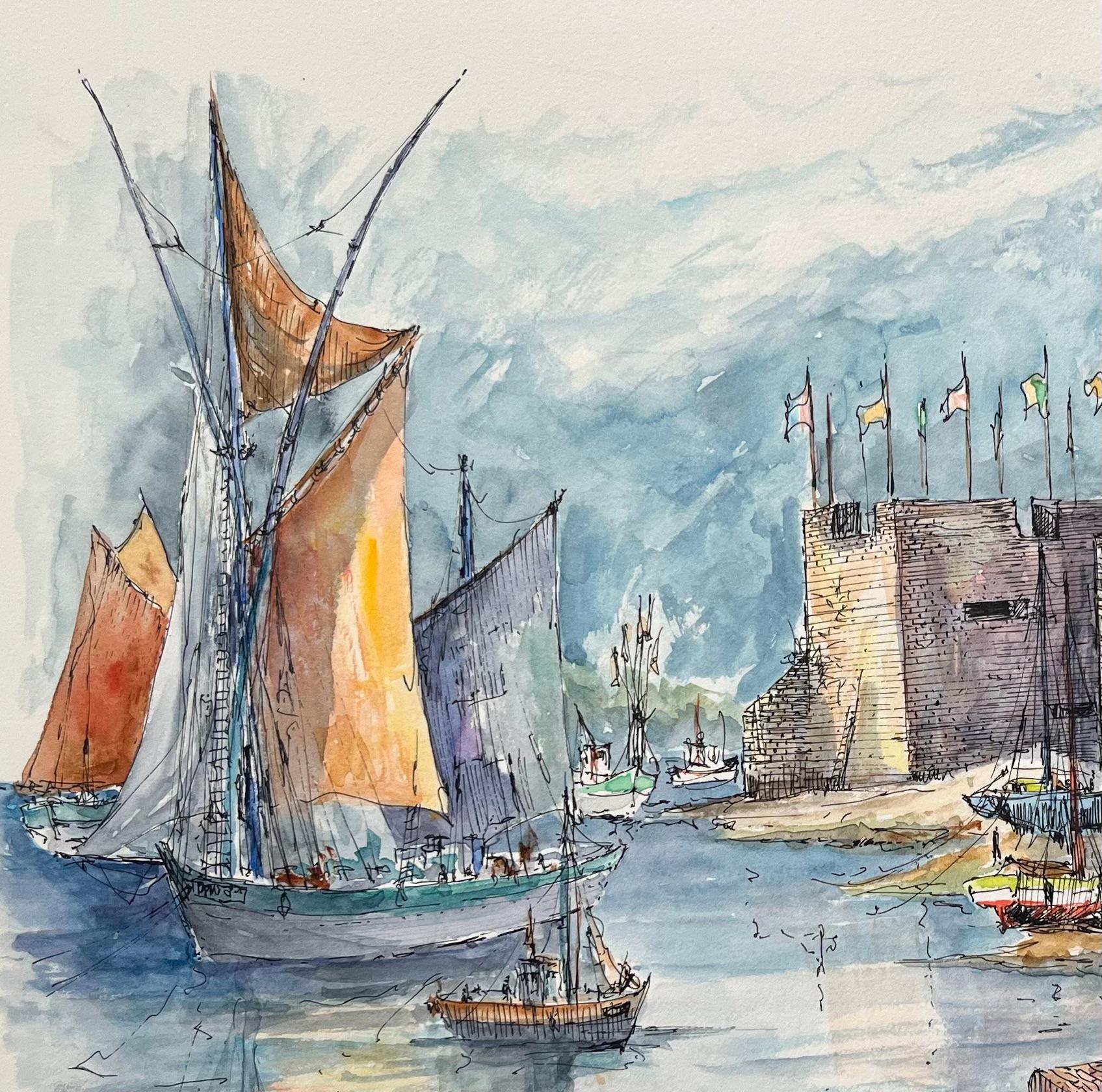 Titel: Französisches Aquarell des traditionellen Fischerlebens im historischen Hafen von Concarneau
von Robert Lepine (Franzose, 1929 - 2017)
Unterschrieben: Ja
Medium: Aquarellmalerei auf Künstlerpapier
Größe: 11,25 x 13,75 (Höhe x