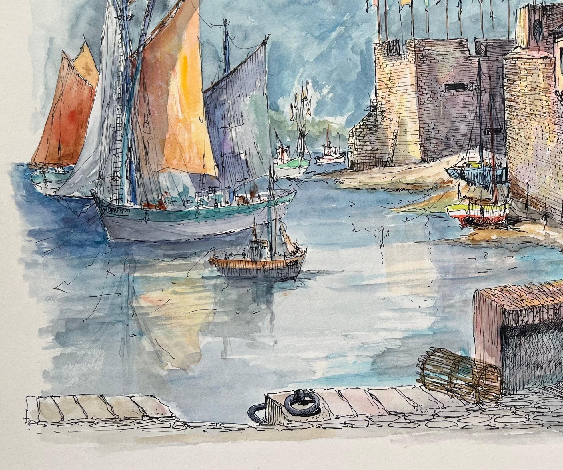 Französisches Aquarell des traditionellen Fischerlebens im historischen Hafen von Concarneau im Angebot 1
