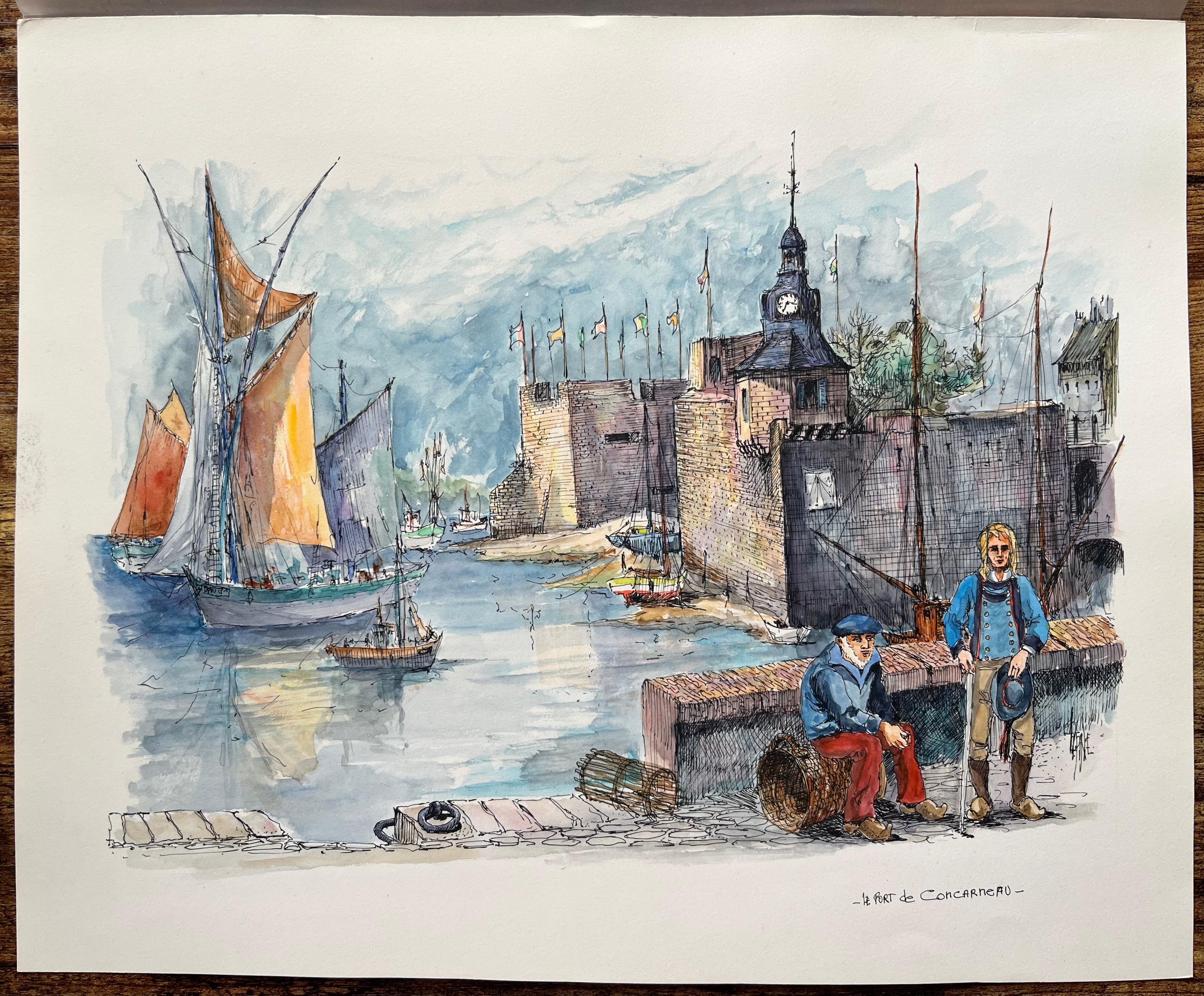 Französisches Aquarell des traditionellen Fischerlebens im historischen Hafen von Concarneau – Art von Robert Lepine (1929 - 2017)