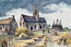 Französisches Aquarell der Bretagne- Kapelle mit Dreifaltigkeit und getäfelter Cottage-Szene, Französisch