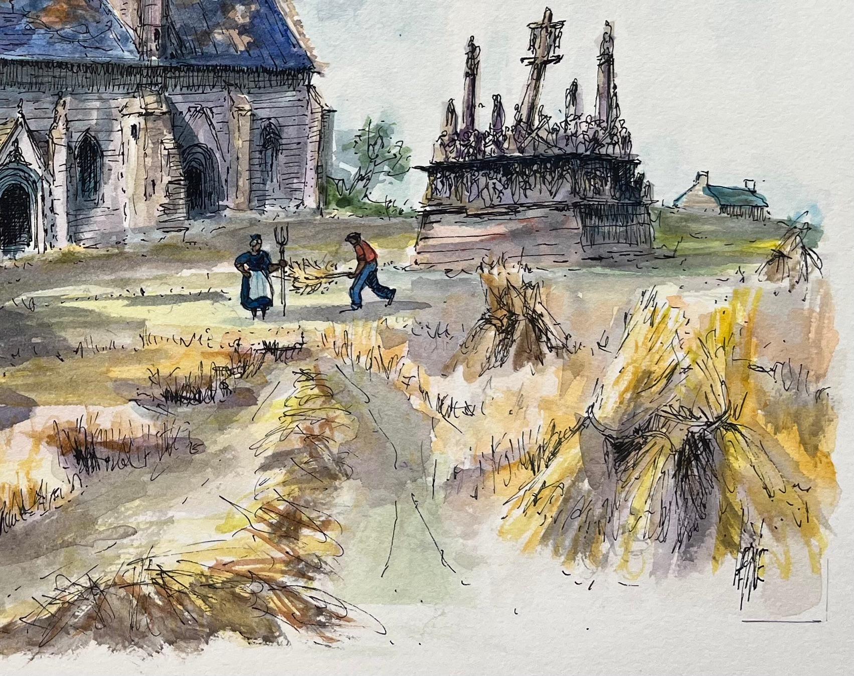 Acquerello francese di Cappella della Bretagna con Calvario e scena di cottage con tetto di paglia - Landscape Painting Grigio di Robert Lepine (1929 - 2017)
