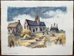 French Watercolor of Brittany Chapel with Calvary and Thatched Cottage Scene