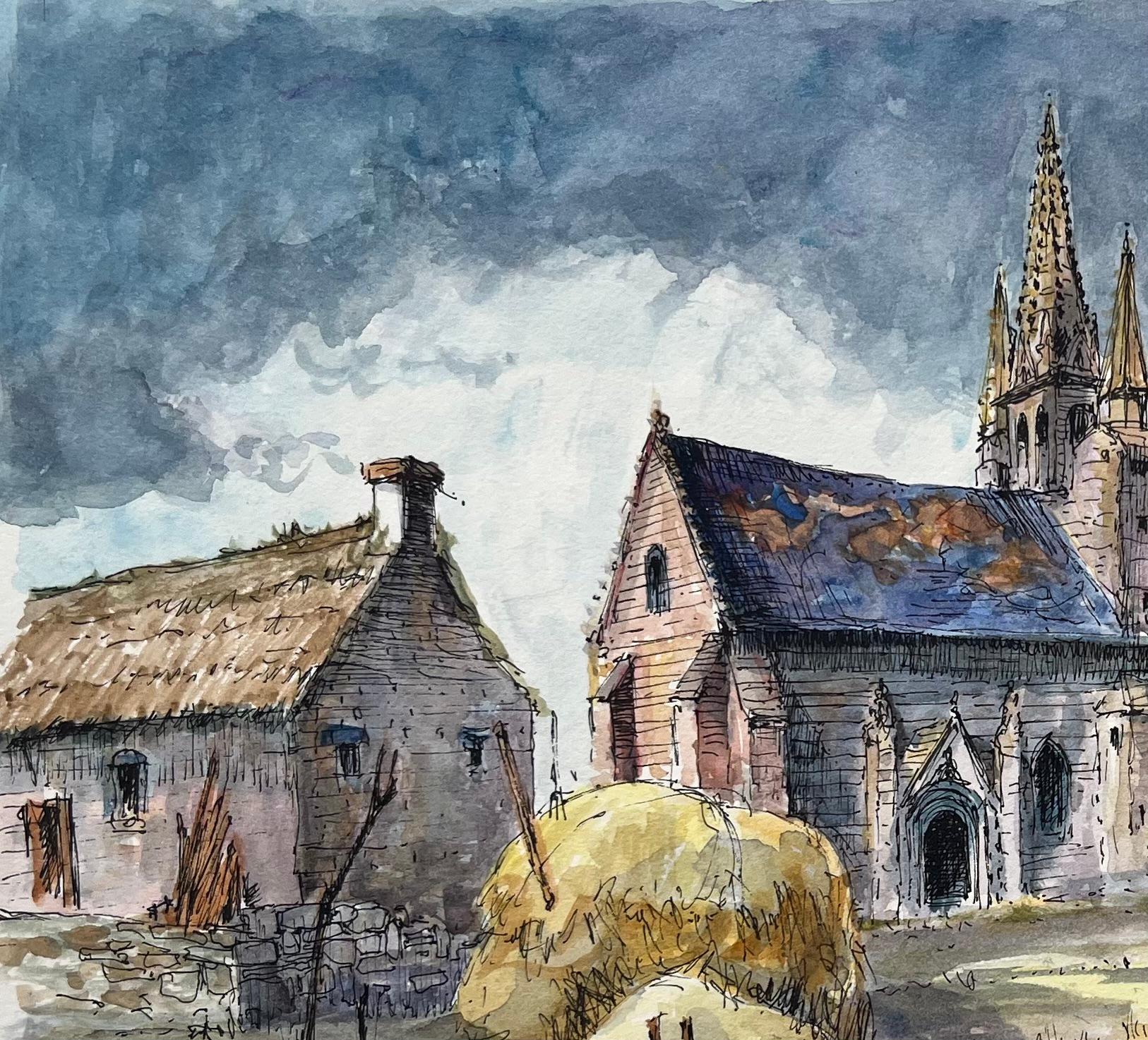 Acquerello francese di Cappella della Bretagna con Calvario e scena di cottage con tetto di paglia - Painting Scuola francese di Robert Lepine (1929 - 2017)